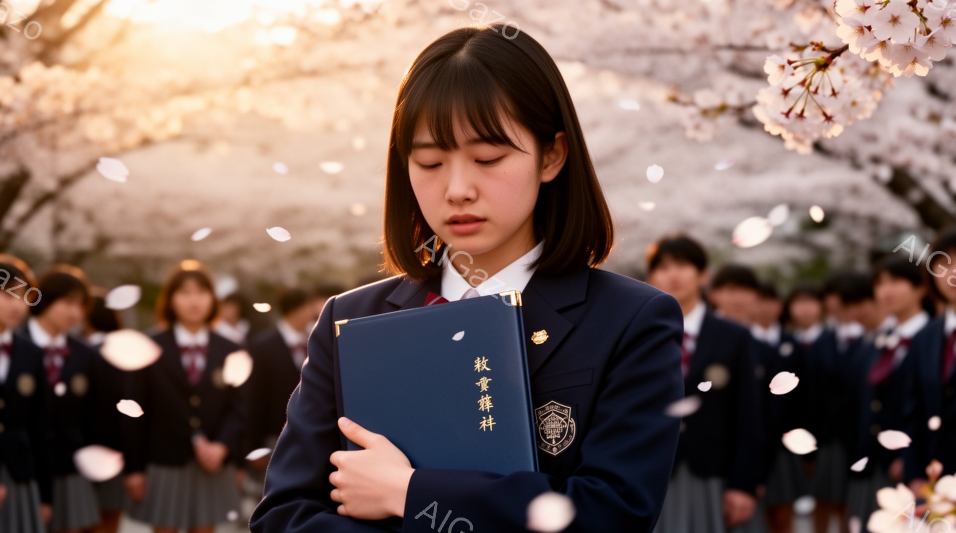 画像は、桜の花びらが舞う中、制服を着た女子高生が抱える卒業アルバムに焦点を当てている。彼女は黒髪のショートボブで、少し憂いのある表情でアルバムを見つめている。背景には、他の制服姿の生徒たちがぼやけており、桜並木が広がり、春の穏やかで少し物悲しい雰囲気を醸し出している。