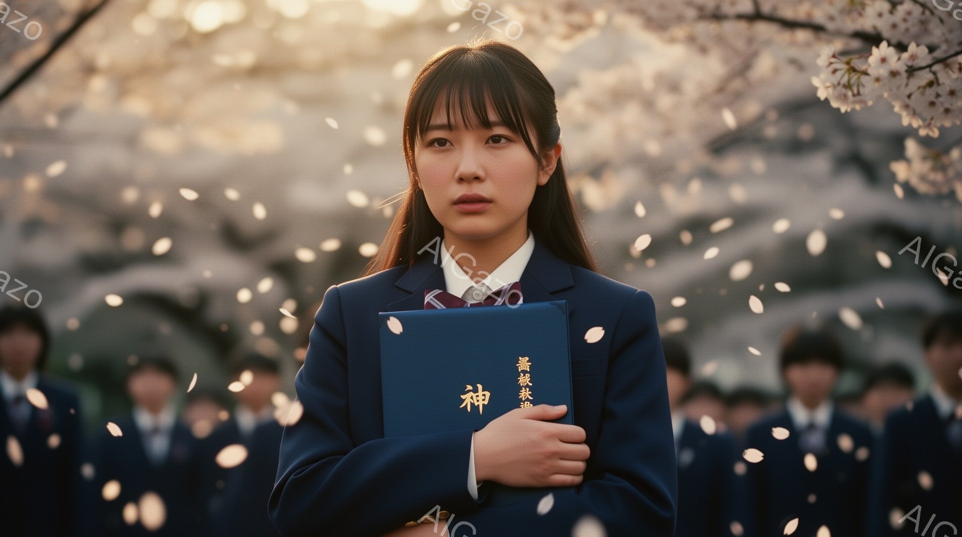 桜の花びらが舞う中、紺色の制服を着た女子学生が正面を見据えている。彼女は肩に抱える紺色のファイルに手を添え、少し緊張した表情をしている。背景にはぼんやりと他の制服を着た生徒たちが並び、桜並木が春の訪れを感じさせる暖かく優しい雰囲気を醸し出している。