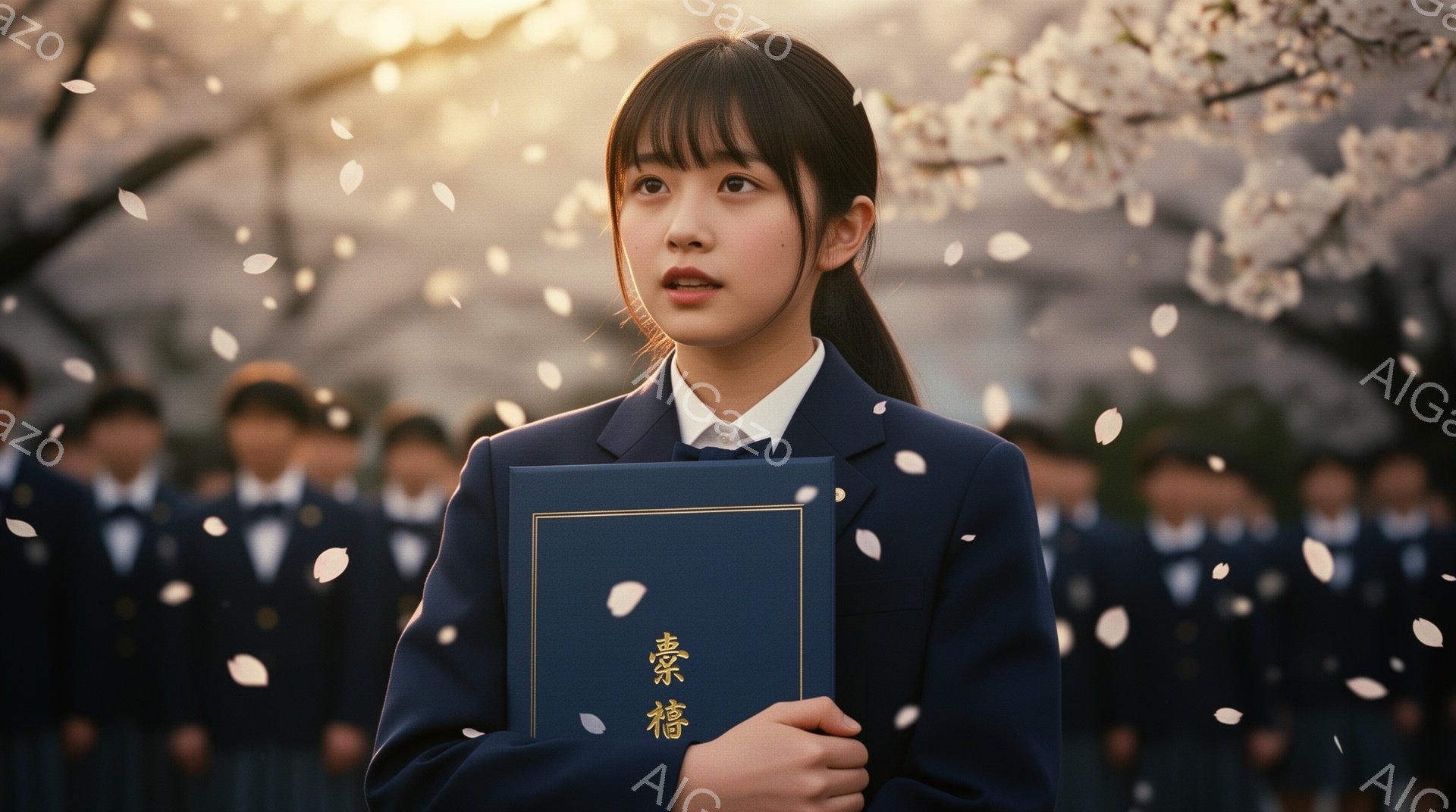 紺色の制服を着た女子学生が、桜の花びらが舞う中で、手に卒業証書を抱えています。彼女は黒髪のストレートヘアで、前髪は眉毛にかかる長さです。表情は少し緊張しながらも、未来への希望に満ちています。 - AI生成フリー素材