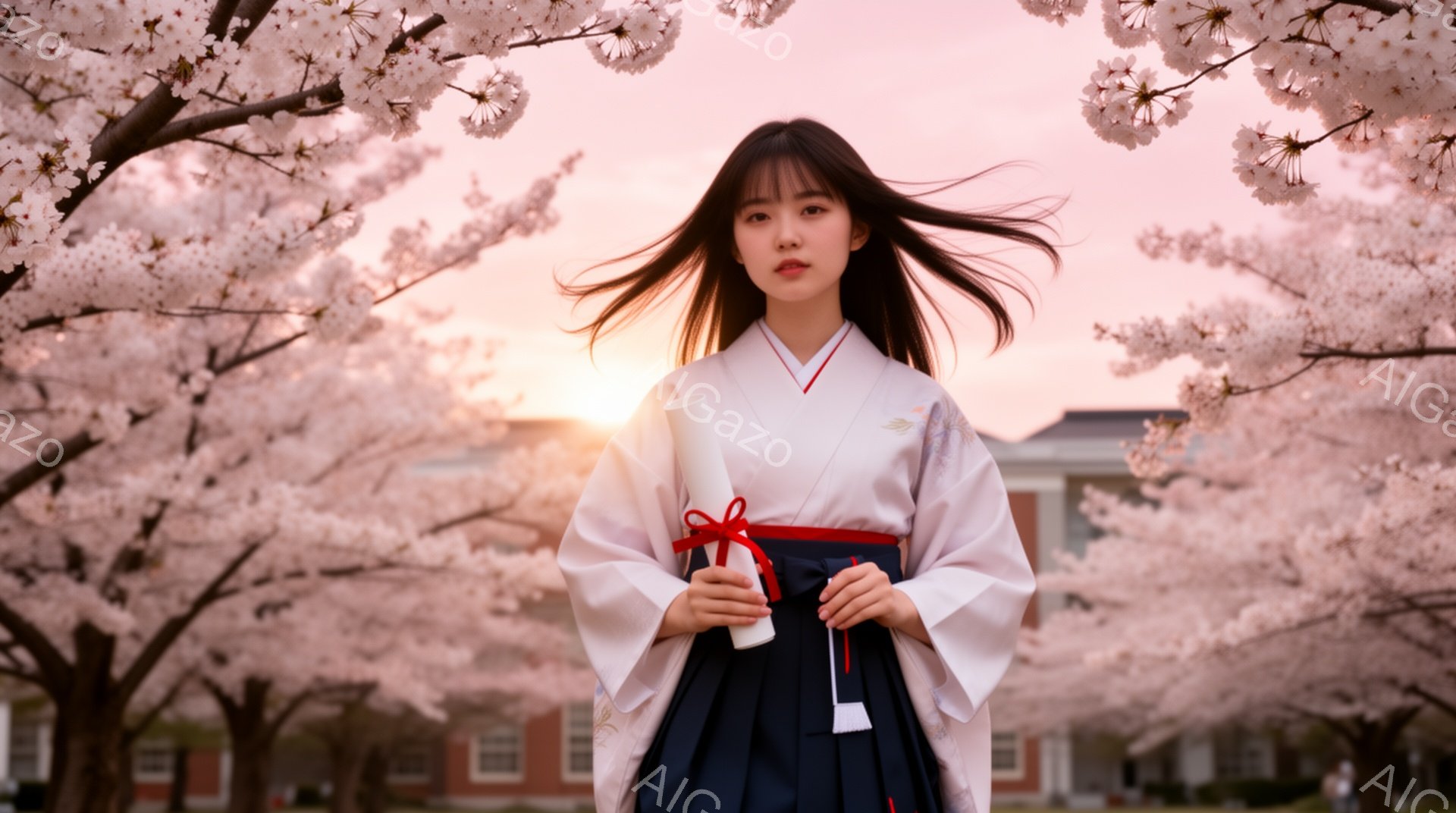 卒業式を迎えた女性が、桜並木の下で白い着物と濃い青色の袴を身につけて立っている。彼女は長い黒髪を風になびかせ、少し微笑んだ表情で卒業証書を手に持っている。背景には、薄紅色の桜の花びらが舞い散る中で、大学の建物がぼんやりと見え、暖かく穏やかな春の雰囲気が漂っている。