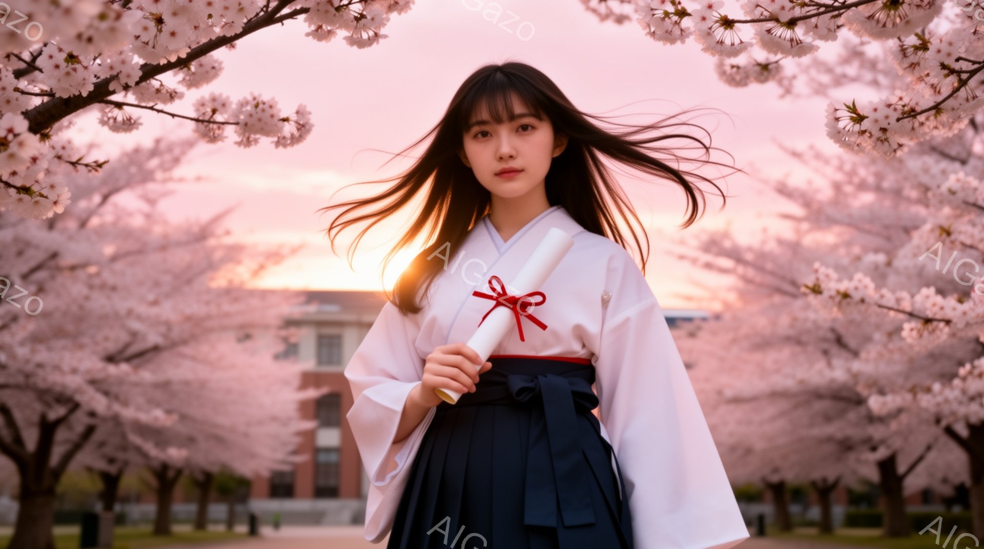 紺色の袴と白い着物を着た若い女性が、桜並木の道を歩いている。彼女は髪を長く残し、風になびかせながら、卒業証書を手に微笑んでいる。背景には、夕焼けに照らされた西洋風の建物と満開の桜が広がり、卒業の喜びと春の暖かさを感じさせる。