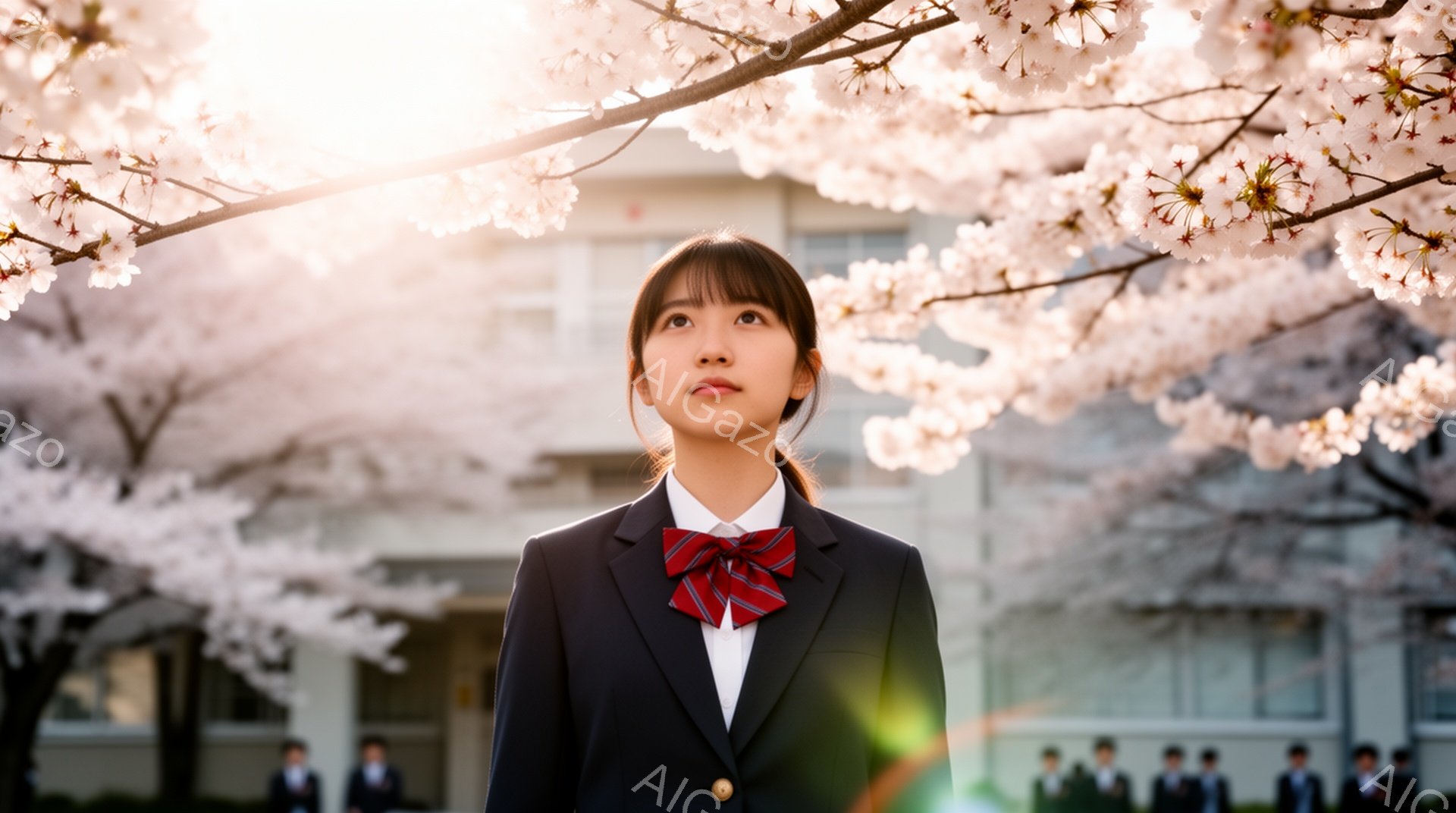 制服を着た女子高生が、桜並木の前に立っている。彼女は黒髪のショートボブで、赤いネクタイがアクセントになっている。顔は少し上向きで、希望に満ちた表情をしている。 - AI生成フリー素材