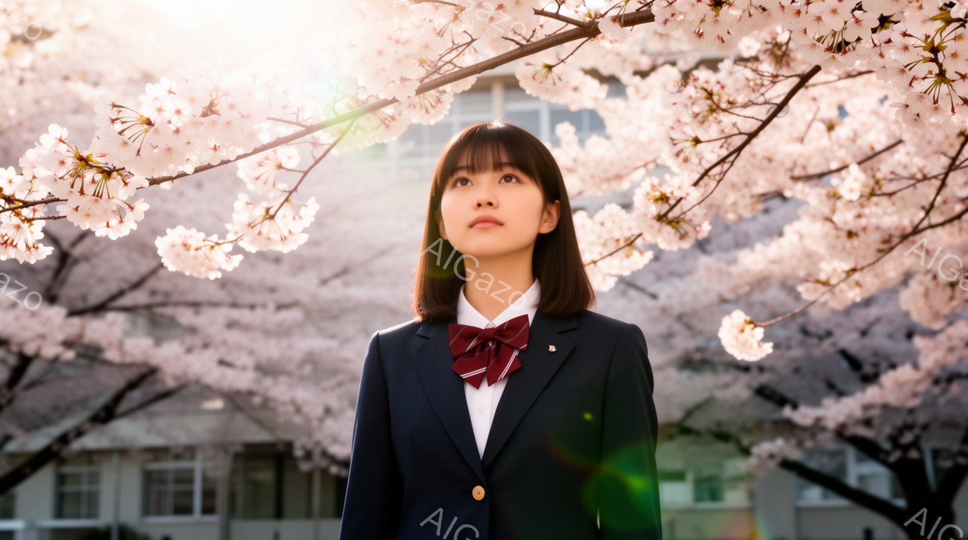 制服を着た若い女性が、満開の桜並木の真下で上を見上げています。彼女は濃い茶色のボブヘアで、赤いネクタイと紺色のブレザーを着ており、少し微笑んでいるように見えます。背景には白い桜の花びらが舞い、建物がぼ - AI生成フリー素材