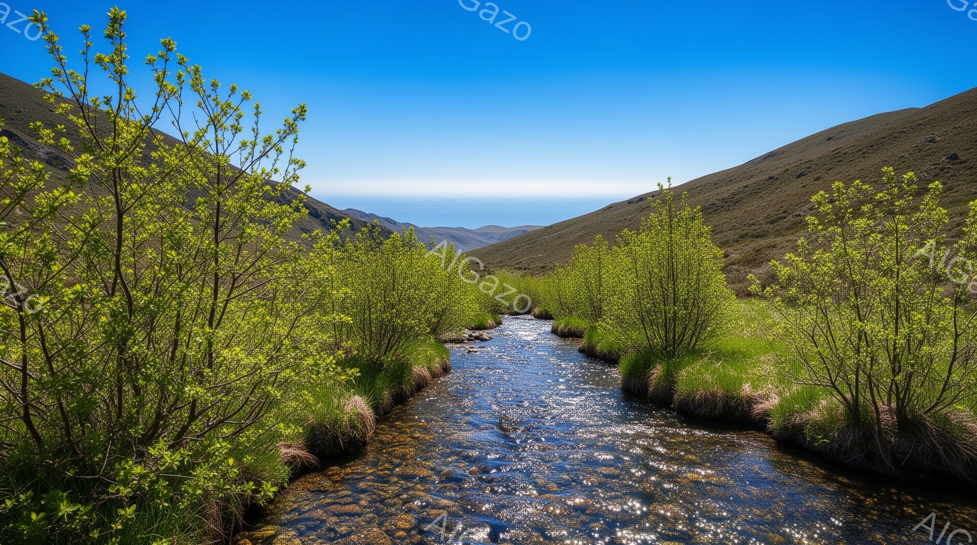 澄んだ小川が、緑豊かな斜面を縫うように流れており、遠くには青い海が見える、穏やかな風景です。川岸には草が生い茂り、その両側に若々しい緑の葉を持つ木々が生えています。空は晴れ、太陽の光が水面で反射し、キ - AI生成フリー素材