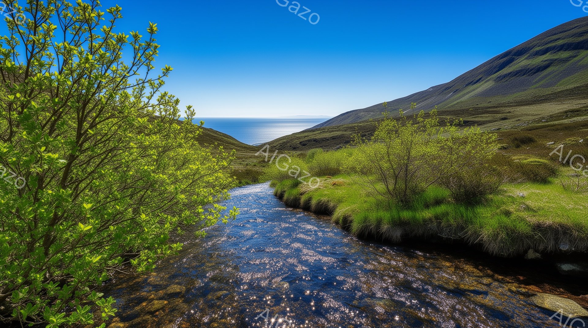 澄んだ小川が緑豊かな丘陵地帯を縫うように流れており、水面には太陽光がキラキラと反射している。背景には穏やかな海と、緑に覆われたなだらかな丘が広がり、快晴の空がその景色を際立たせている。全体的に、自然の - AI生成フリー素材