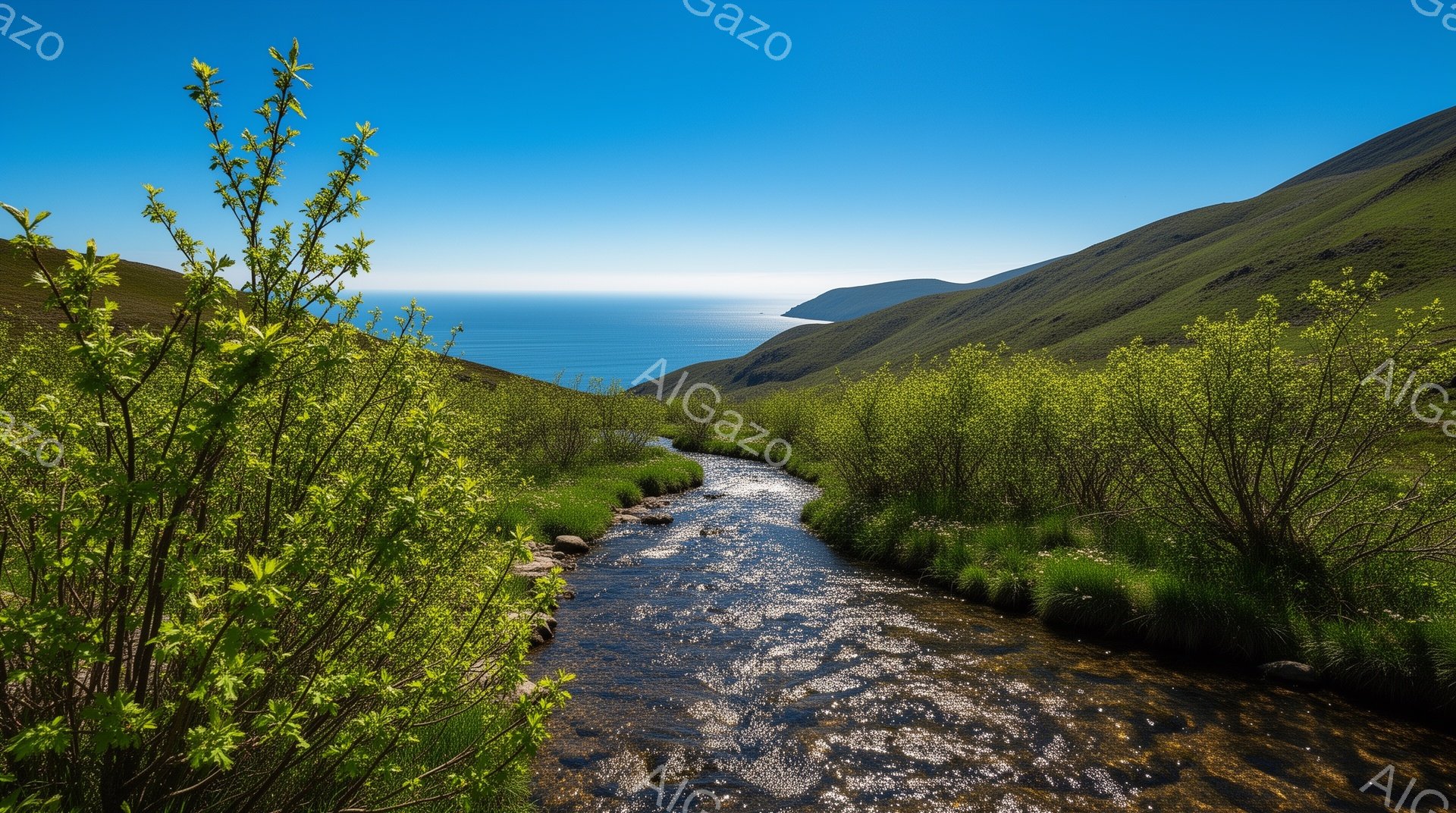 青々とした緑の斜面を蛇行するように小川が流れており、遠方には青い海が見える、爽やかな風景です。川岸には白い小さな花が咲き、前景の茂みは新緑でいっぱいです。晴天の下、自然豊かな環境が広がり、静寂と安らぎを感じさせる光景です。