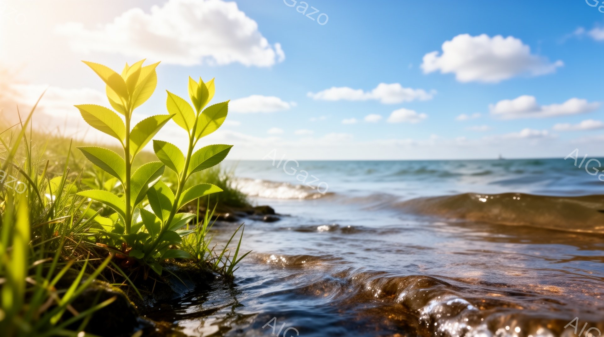 鮮やかな緑の若葉が、岩場と水の流れの端に生えている。背景には穏やかな波が打ち寄せる青い海が広がり、晴天の下、白い雲が浮かんでいる。自然の生命力と静寂が感じられる、穏やかで平和な情景だ。 - AI生成フリー素材