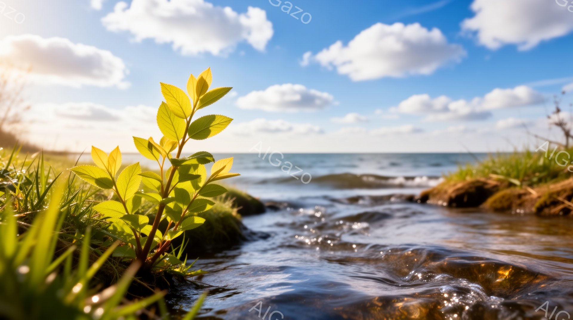 鮮やかな緑の植物が水辺に生い茂り、流れる水がキラキラと輝いている。遠くには穏やかな海が広がり、空には白い雲が浮かんでいる。 全体的に、自然の美しさと静けさを感じさせる、穏やかで平和な風景である。 - AI生成フリー素材