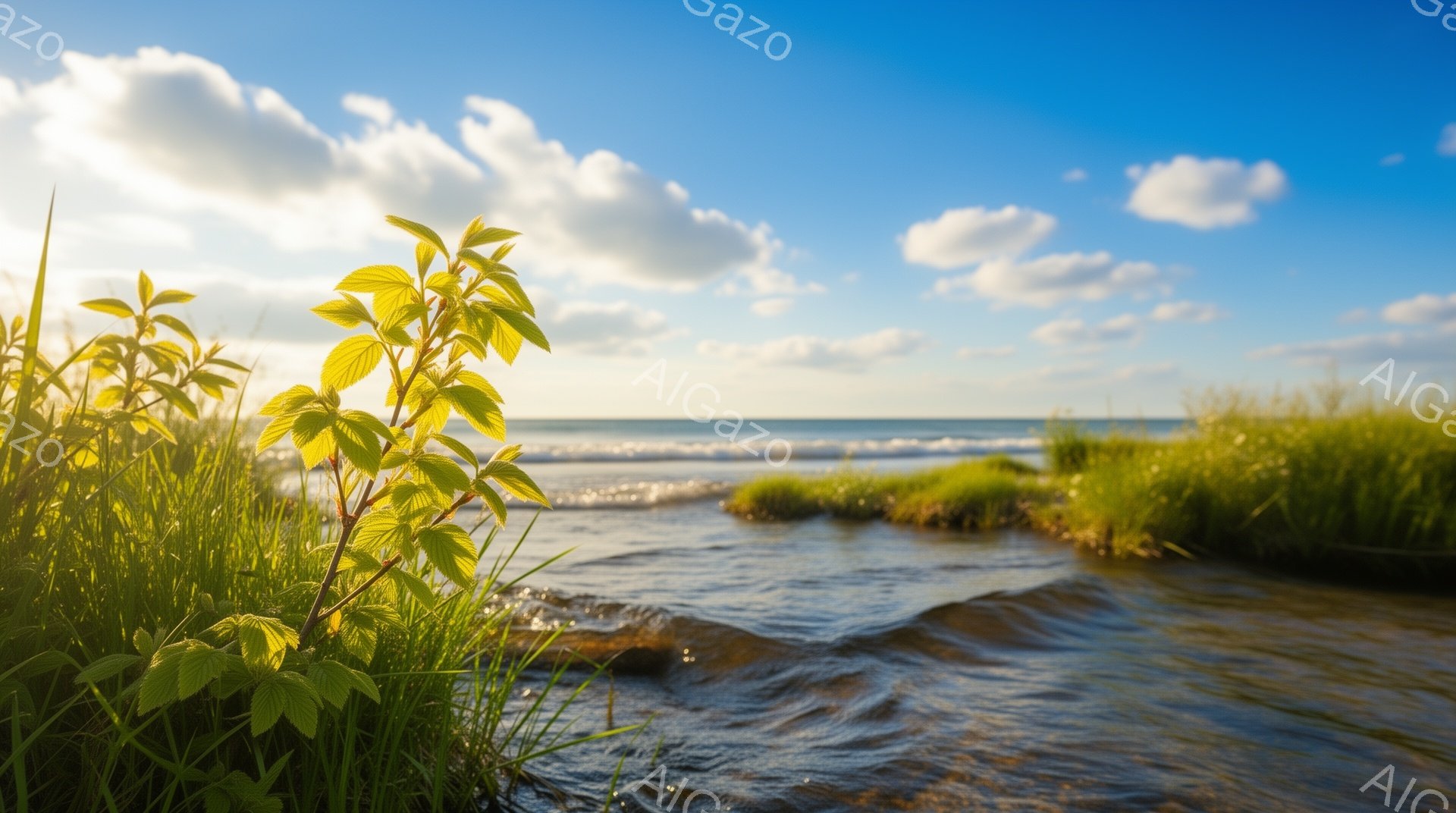 青々とした草が生い茂る小川が、穏やかな海へと流れ込んでいる風景です。空は晴れ渡り、白い雲が浮かび、日の光が水面と草を照らして、爽やかで穏やかな雰囲気を醸し出しています。自然豊かな静寂の中に、生命力溢れ - AI生成フリー素材