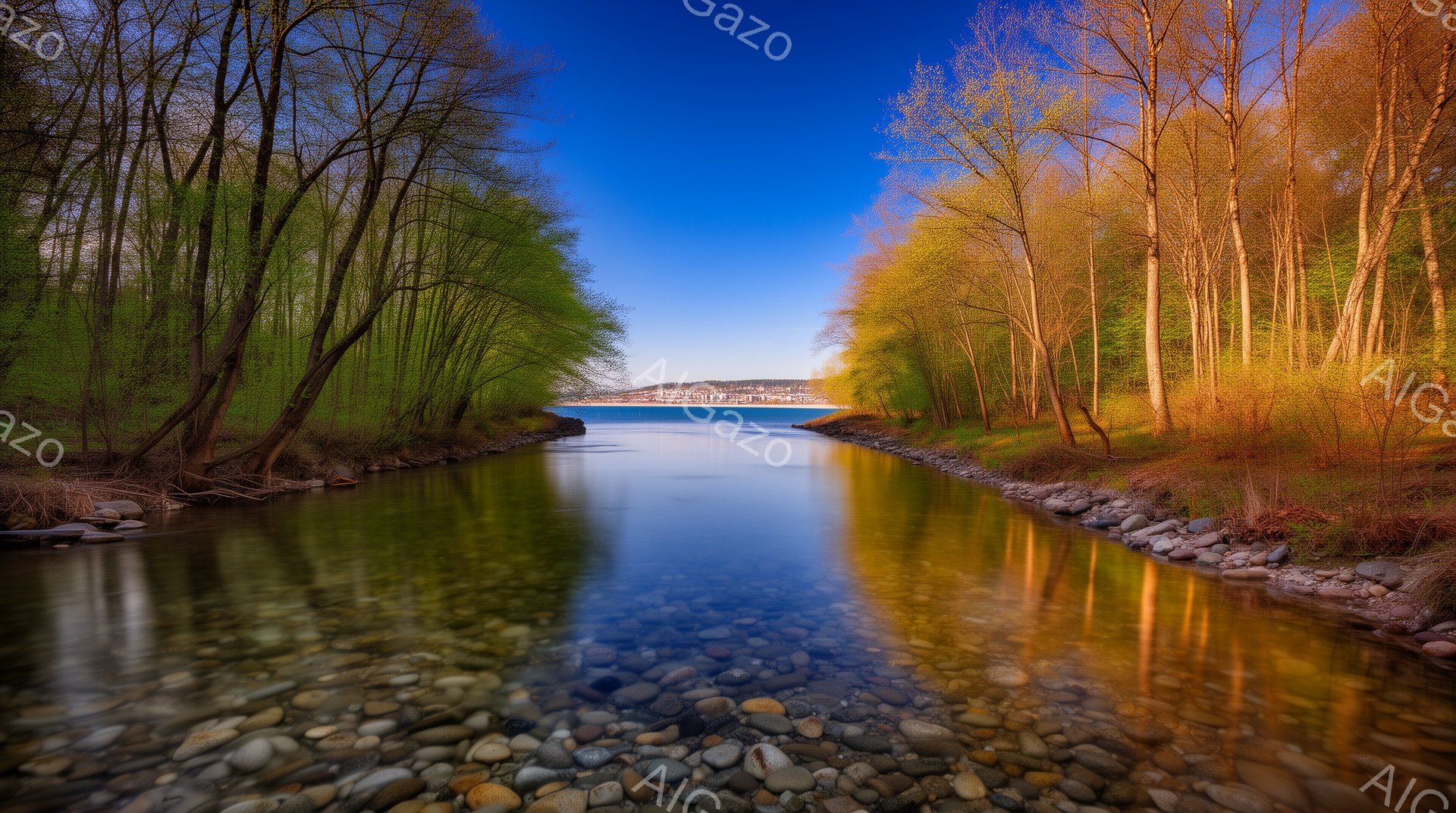 穏やかな川が、両岸の緑豊かな木々に囲まれて流れています。川底の小石は透き通った水を通してはっきりと見え、水面には周囲の木々が反射して美しい光景を作り出しています。遠景には街並みがぼんやりと見え、平和で静謐な雰囲気を醸し出しています。