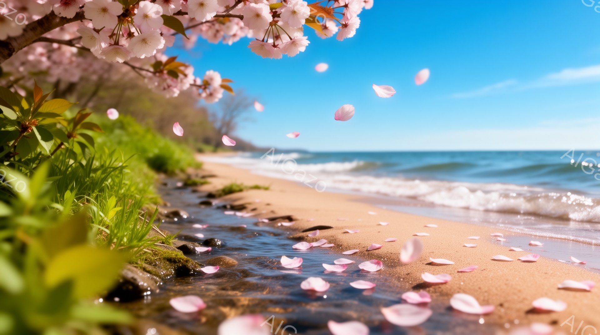 砂浜に桜の花びらが舞い散り、穏やかな波が打ち寄せている風景です。緑豊かな草が生い茂る川が砂浜に流れ込み、背景には青空と遠くの海岸線が見えます。春の暖かさと穏やかさを感じさせる、美しい情景です。