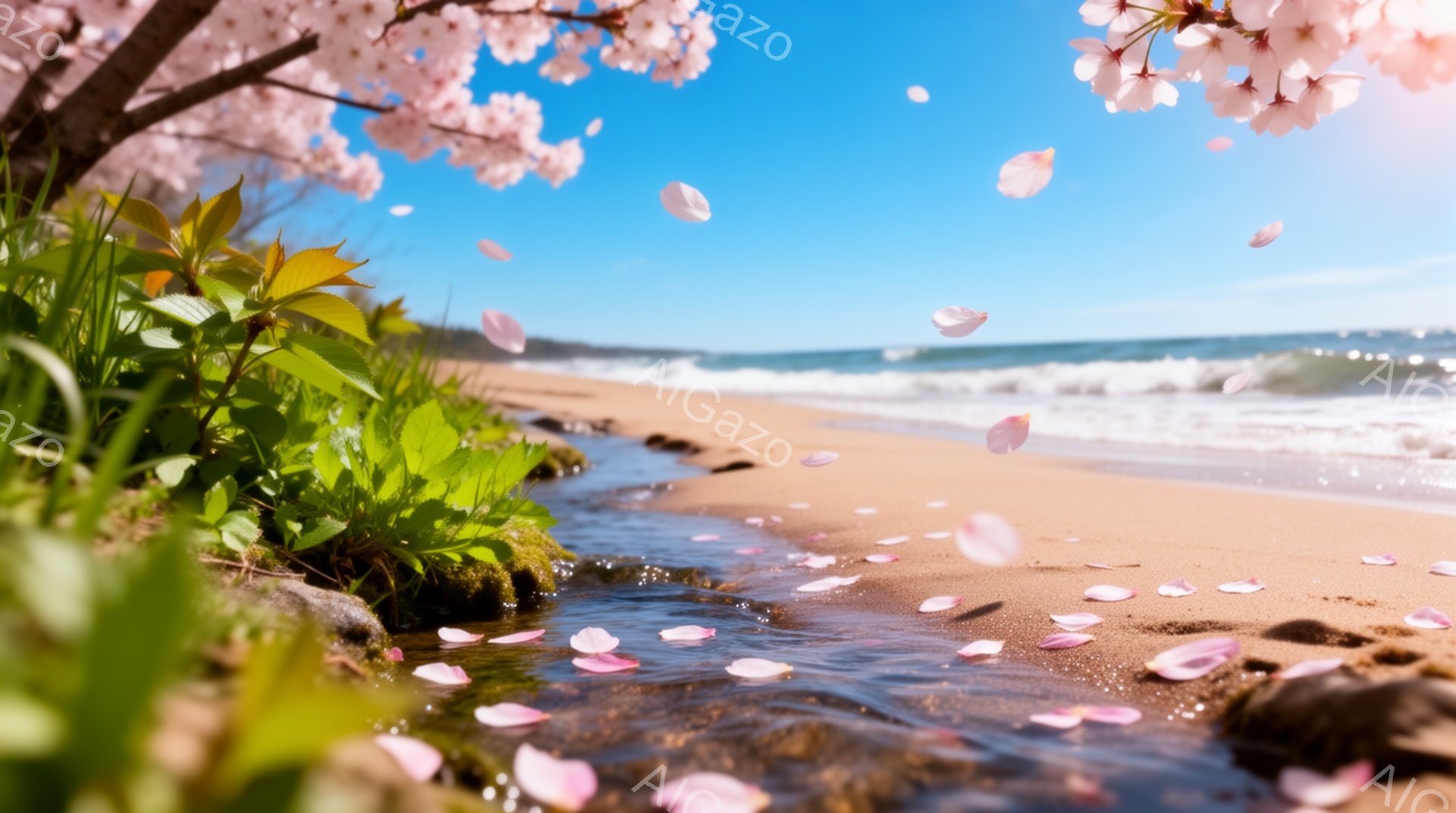砂浜と海が広がる風景に、桜の花びらが舞っている。小さな川が砂浜へと流れ込み、草木が生い茂る岸辺は春の息吹を感じさせる。青空と白い波、ピンク色の桜のコントラストが美しく、穏やかで詩的な雰囲気を醸し出している。