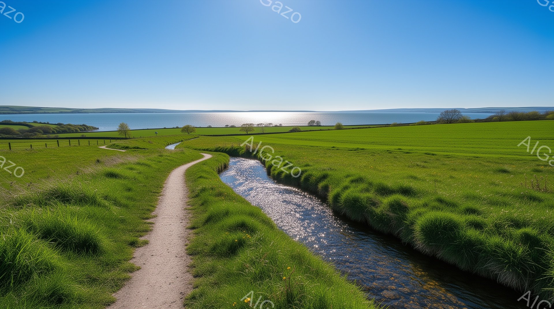 広大な緑の牧草地を、きらきらと輝く小川が蛇行して流れており、遠方には穏やかな海と、その向こうに緑の丘が見える。太陽の光が水面に反射し、明るい日差しが全体を照らしている。春の穏やかな一日で、静かで平和な雰囲気が漂っている。