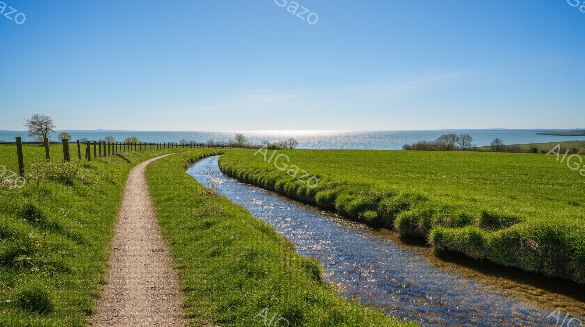 緑豊かな牧草地を細い水路が流れ、土の道がその並走している風景です。遠くには穏やかな海が広がり、空は晴れ上がっています。全体的に穏やかで、自然に包まれた静かな雰囲気が漂っています。 - AI生成フリー素材