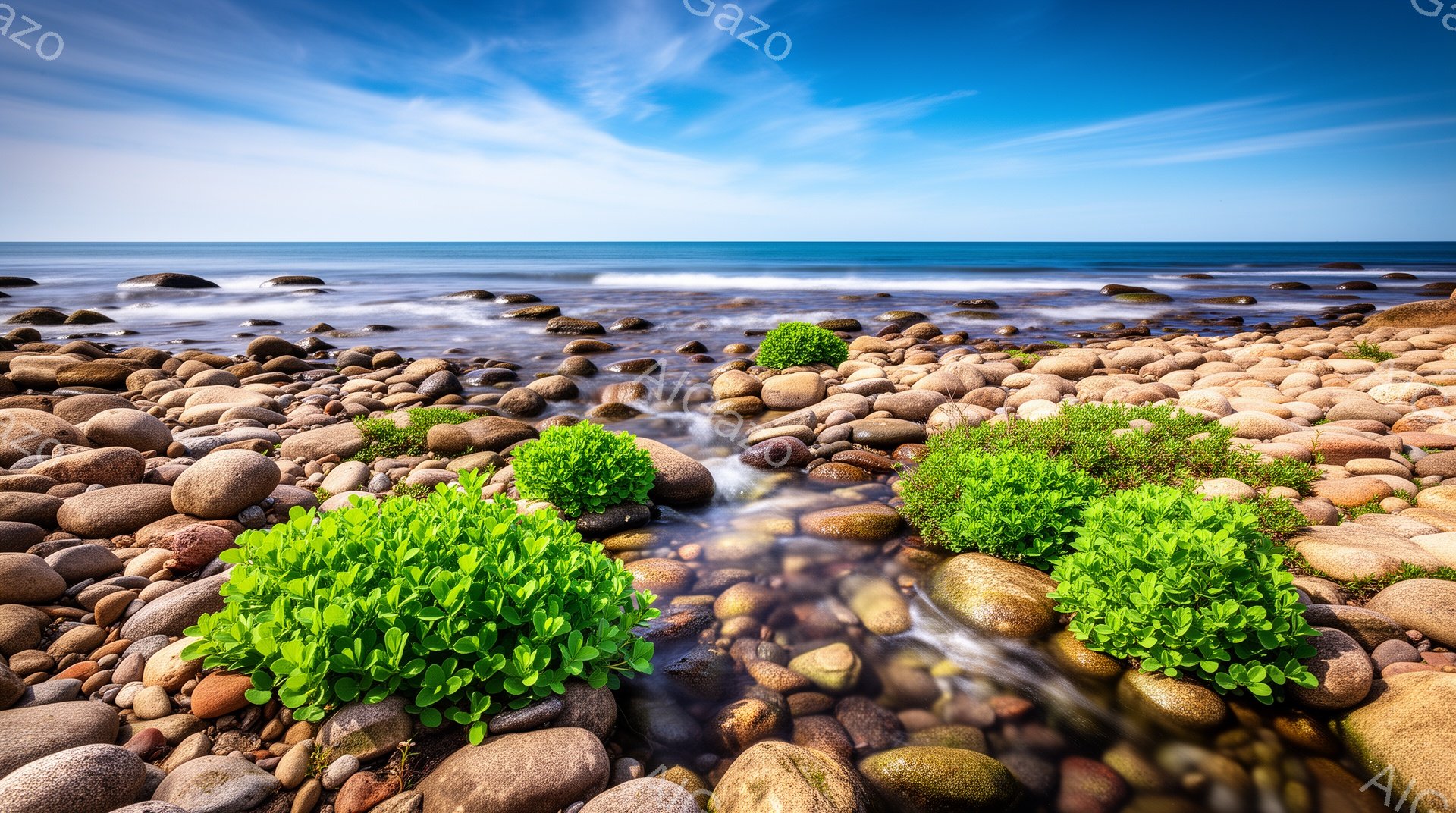 荒々しい岩石の海岸線が写っており、滑らかな水が岩の隙間を縫って海へと流れています。緑色の低木が岩の上に点在し、そのコントラストが風景に活気を与えています。空は青く、雲が広がり、穏やかで自然な雰囲気を醸し出しています。