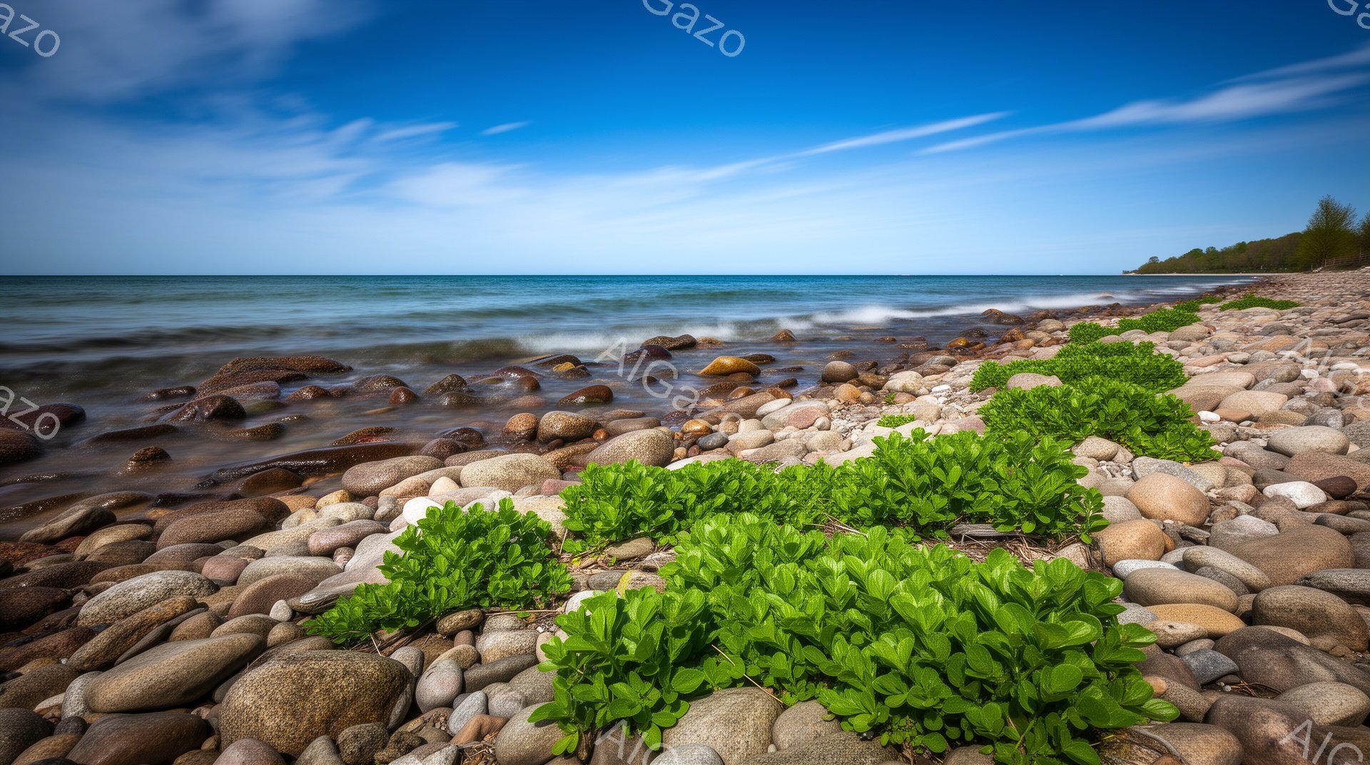 砂利混じりの海岸線が広がり、緑豊かな低木が手前に生えている。穏やかな波が打ち寄せ、背景には青い空と遠くの緑の木々が広がり、平和で穏やかな雰囲気を醸し出している。全体的に、自然の美しさが際立つ静かな海岸の風景だ。