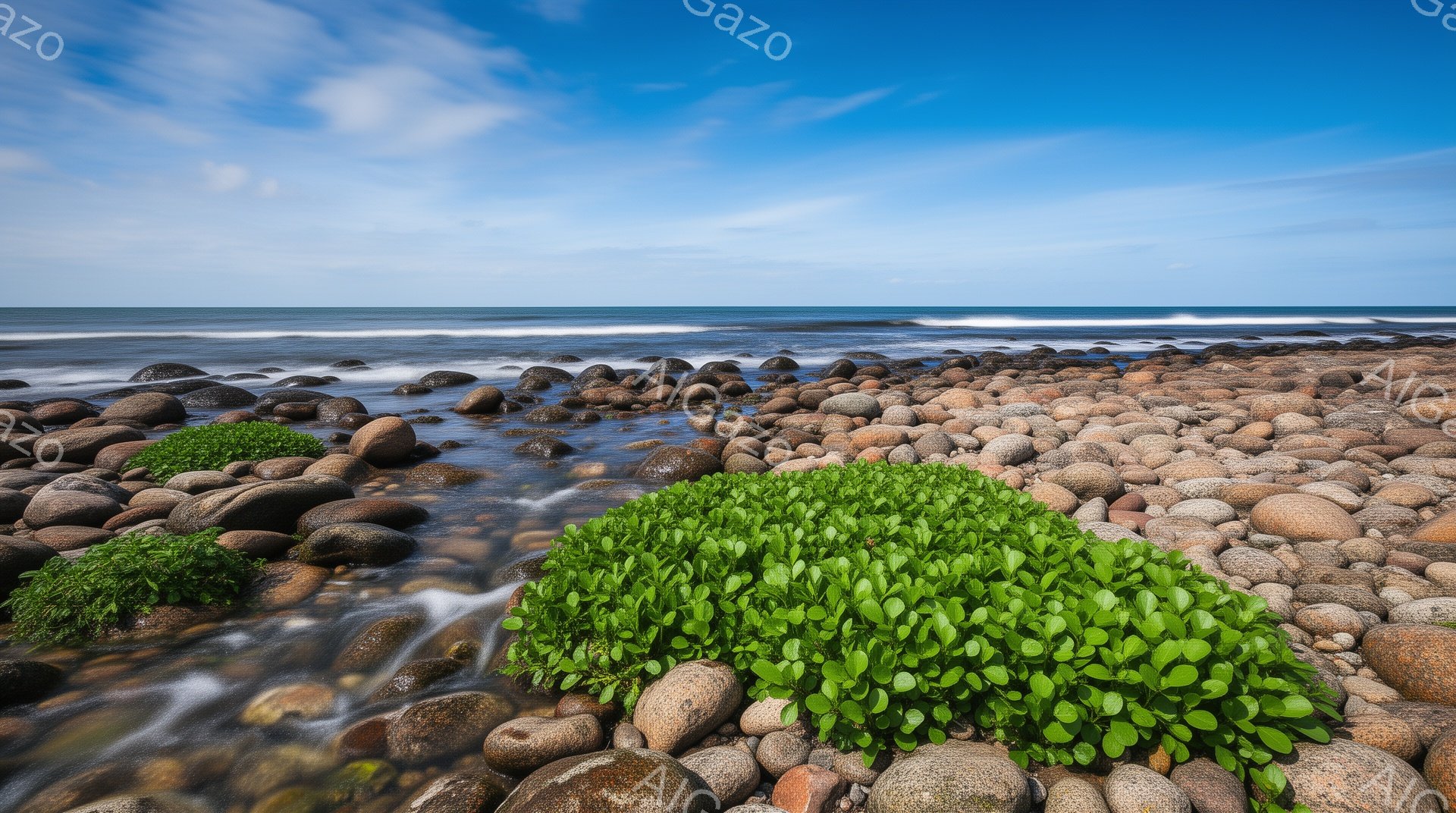 磨かれた丸い石が海岸を埋め尽くし、浅い水流がその間を縫うように流れている。背景には穏やかな波が打ち寄せ、空は青く、わずかに雲が浮かんでいる。緑色の植物が石の上で鮮やかに映え、自然の静けさと力強さを感じさせる光景だ。