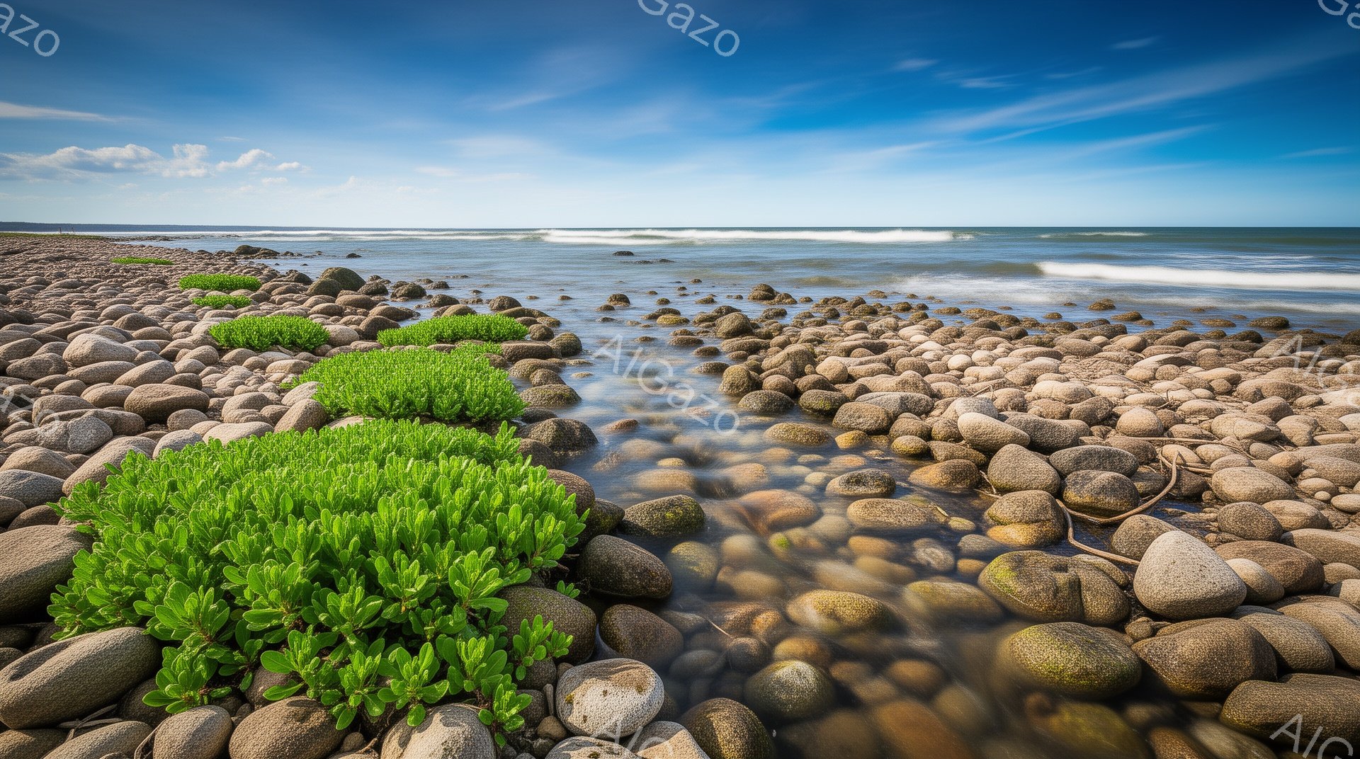 岩石が海岸線に広がり、緑豊かな植物がその一部を覆っている。穏やかな波が打ち寄せ、背景には明るい青空と白い雲が広がっている。全体的に静かで平和な雰囲気で、自然の美しさが際立っている。