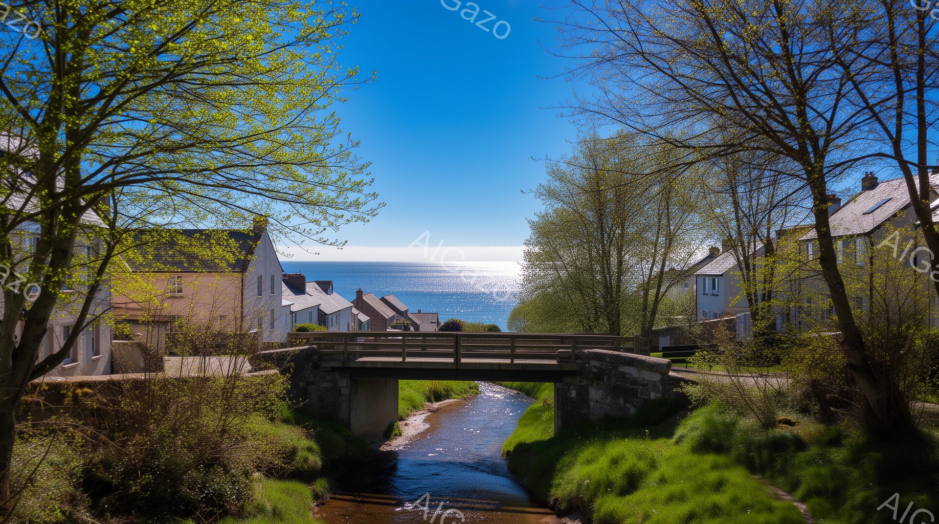 小川が流れる橋を挟んで、可愛らしい家々が並び、その先に青い海が広がっている風景です。日差しは明るく、緑豊かな草地と白い建物が春の穏やかな雰囲気を醸し出しています。空は澄みきり、まるで絵画のような美しい光景です。
