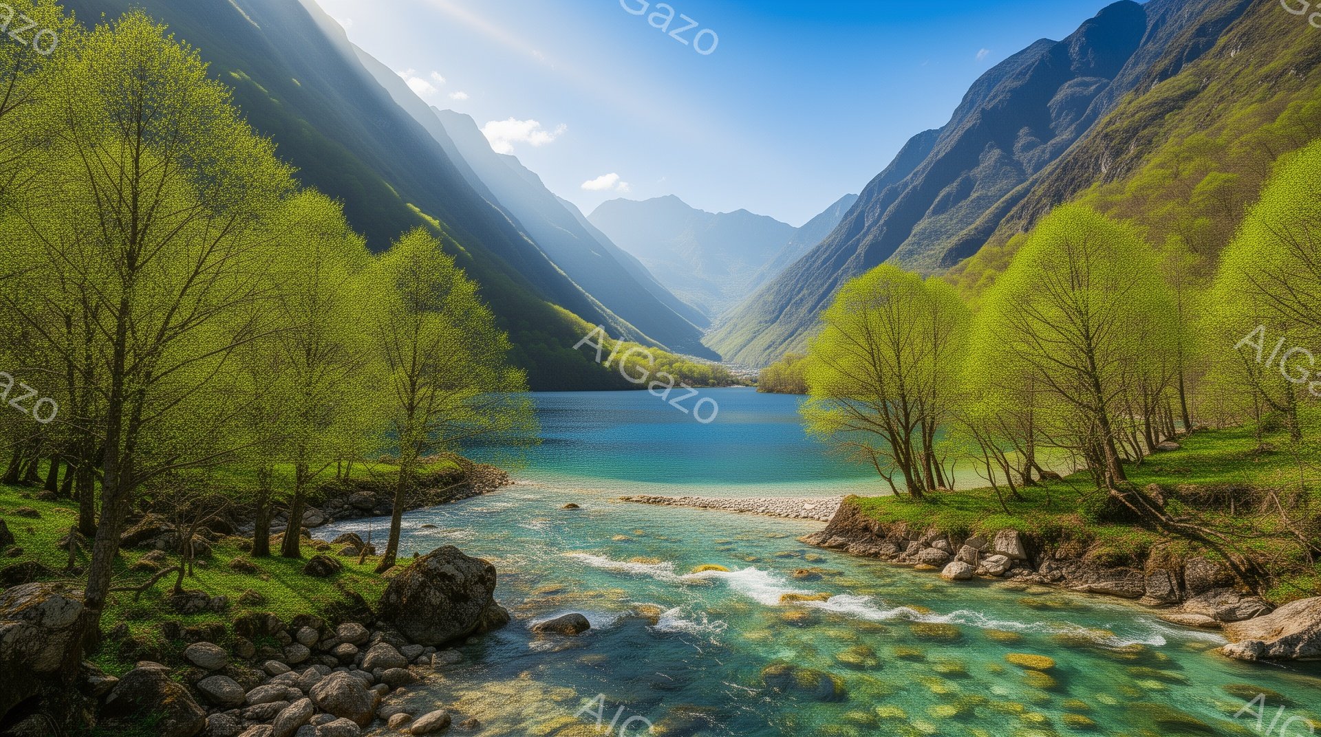 鮮やかなエメラルドグリーンの水が流れる小川と、ターコイズブルーの湖が印象的な風景です。両側を険しい山々に囲まれ、緑豊かな木々が生い茂り、自然の美しさを際立たせています。空は晴れ、太陽の光が山々に反射し - AI生成フリー素材