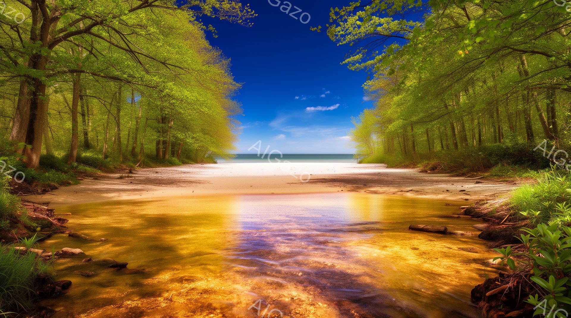 鮮やかな緑の木々に囲まれた小川が、砂浜と青い海へと流れていく光景だ。水面は太陽の光を反射し、オレンジとゴールドの色合いで輝き、穏やかで平和な雰囲気を醸し出している。空は晴れ渡り、白い雲が浮かび、自然の - AI生成フリー素材