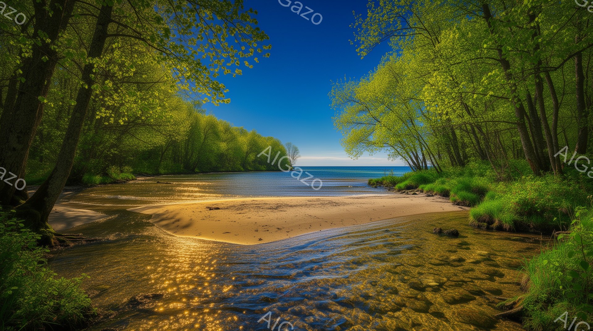 鮮やかな緑の木々が両岸に立ち並び、穏やかな水面が広がる美しい風景です。浅瀬にはキラキラと輝く砂浜が広がり、太陽の光が水面を照らして、透明感のある水流を作り出しています。背景には青空が広がり、自然の静け - AI生成フリー素材
