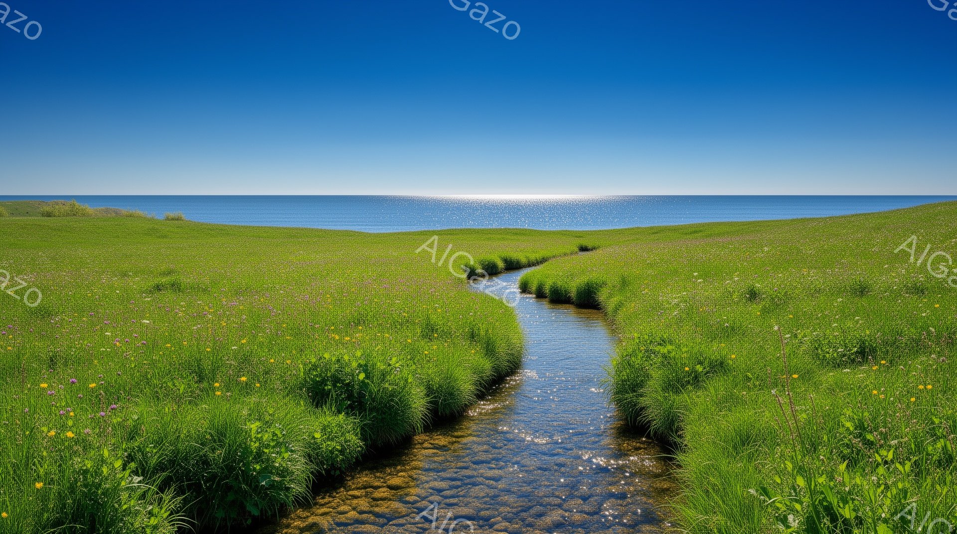 広大な緑の草原が、キラキラと輝く海へと続く小川によって二分されています。鮮やかな緑色の草の中に、様々な野花が点在し、澄み切った空の下で穏やかな時間が流れています。太陽の光が水面に反射し、全体的に明るく - AI生成フリー素材