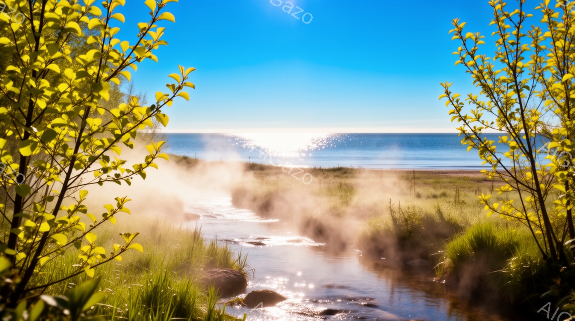 浅い川が緑豊かな草原を流れ、蒸気が立ち上っている。遠くには穏やかな海が広がり、太陽の光が水面で反射してキラキラと輝いている。新緑の木々がフレームを彩り、全体的に穏やかで静謐な雰囲気を醸し出している。 - AI生成フリー素材