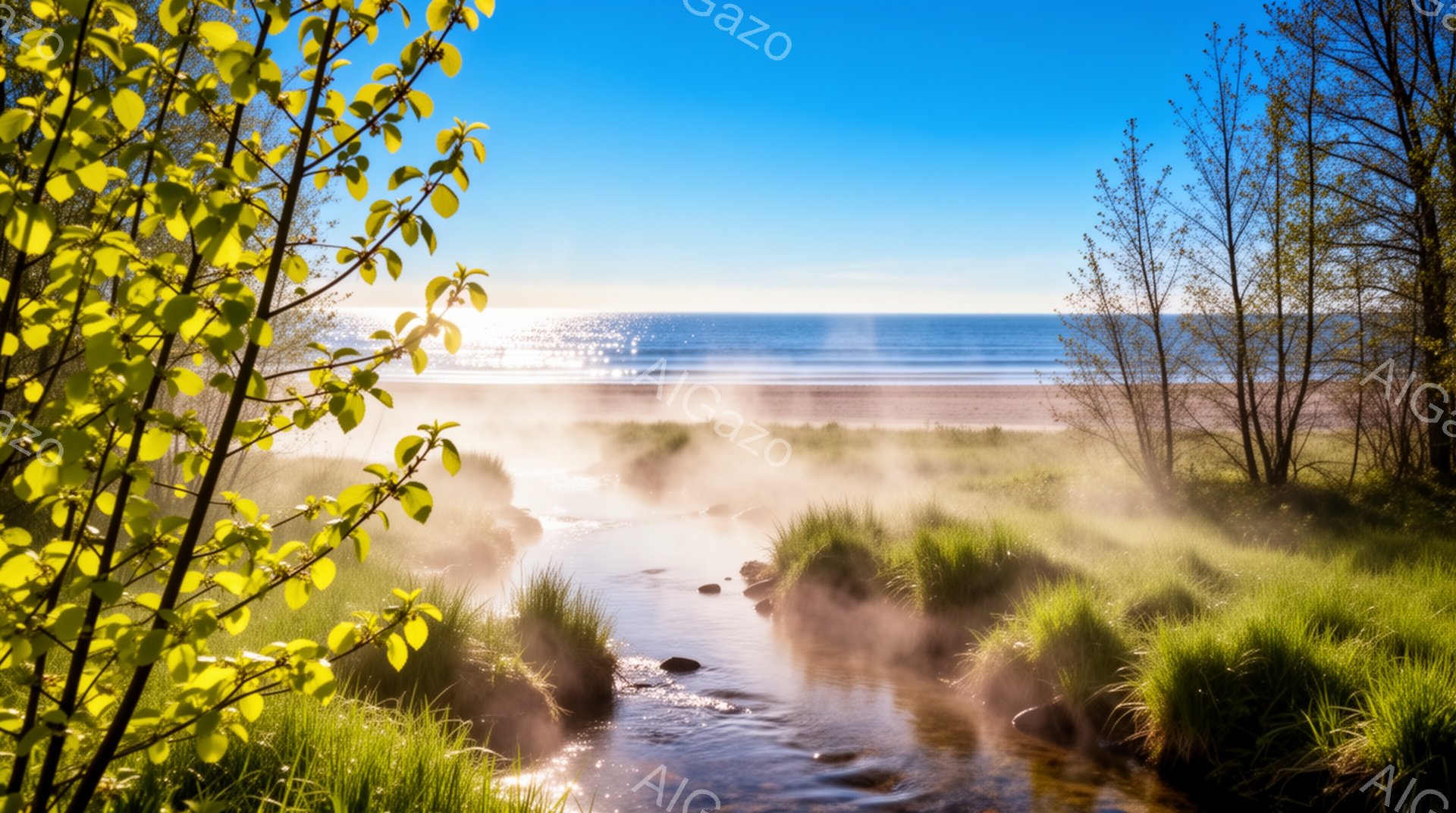 小川が緑豊かな草地の間を流れ、朝霧が立ち込めている。背景には穏やかな海が広がり、太陽の光が水面に反射してキラキラと輝いている。春の穏やかな朝の、静かで平和な雰囲気が漂う。