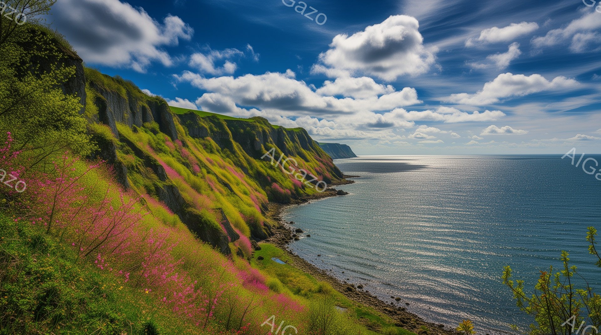断崖絶壁が青い海に沿って伸びており、崖の上には緑とピンク色の野花が咲き乱れている。空には白い雲が浮かび、海面は太陽の光を浴びてキラキラと輝いている。全体的に、穏やかで美しい自然の風景が広がっている。 - AI生成フリー素材