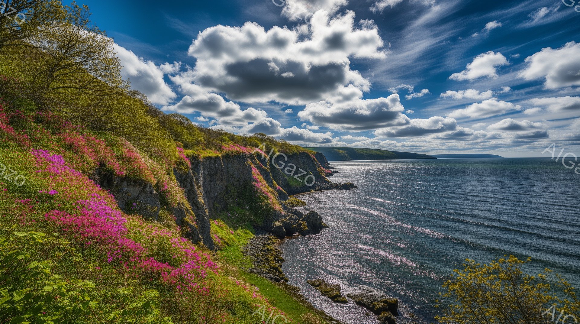 切り立った崖が紺碧の海に面しており、崖の上にはピンク色の花々が咲き乱れる緑豊かな草が生い茂っている。空には白くふわふわとした雲が広がり、光と影が海の表面で踊る、穏やかで美しい風景だ。この景色は、自然の力強さと繊細さを同時に感じさせる、平和で牧歌的な雰囲気を醸し出している。