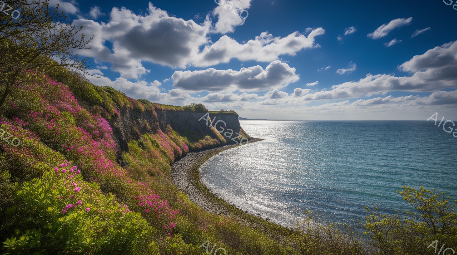 崖が続く海岸線が、輝く太陽光の下で青く広がる海と出会っている。崖の上には、ピンクや緑の鮮やかな草木が生い茂り、春の訪れを感じさせる。空は白い雲に覆われ、穏やかで開放的な雰囲気を醸し出している。