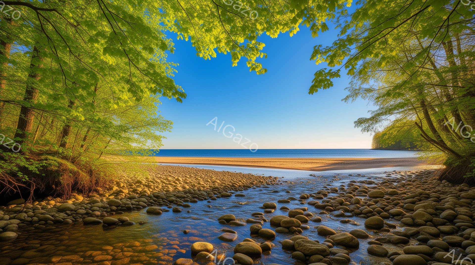 緩やかな小川が小石の川床を流れ、砂浜へと続いており、その先に青々とした湖が広がっている。緑豊かな木々が画面の上部をフレームのように飾り、澄み切った青空が広がり、穏やかで平和な雰囲気を醸し出している。全 - AI生成フリー素材