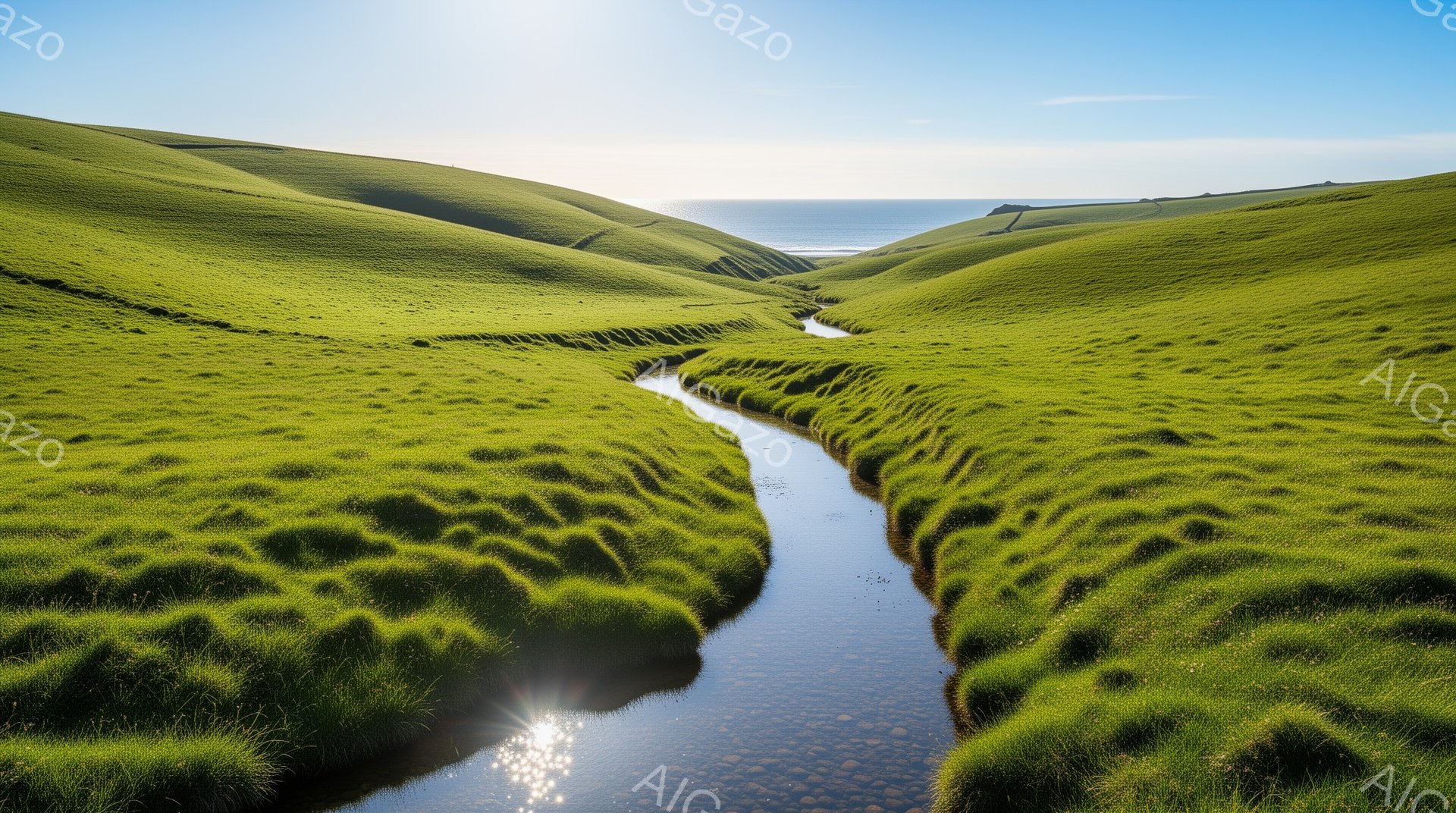 緑豊かな丘陵地帯を細い水路が蛇行して流れている風景です。明るい青空の下、緑色の草が広がり、遠くには海が見えます。穏やかな日差しと、水面の反射が静かで平和な雰囲気を醸し出しています。 - AI生成フリー素材