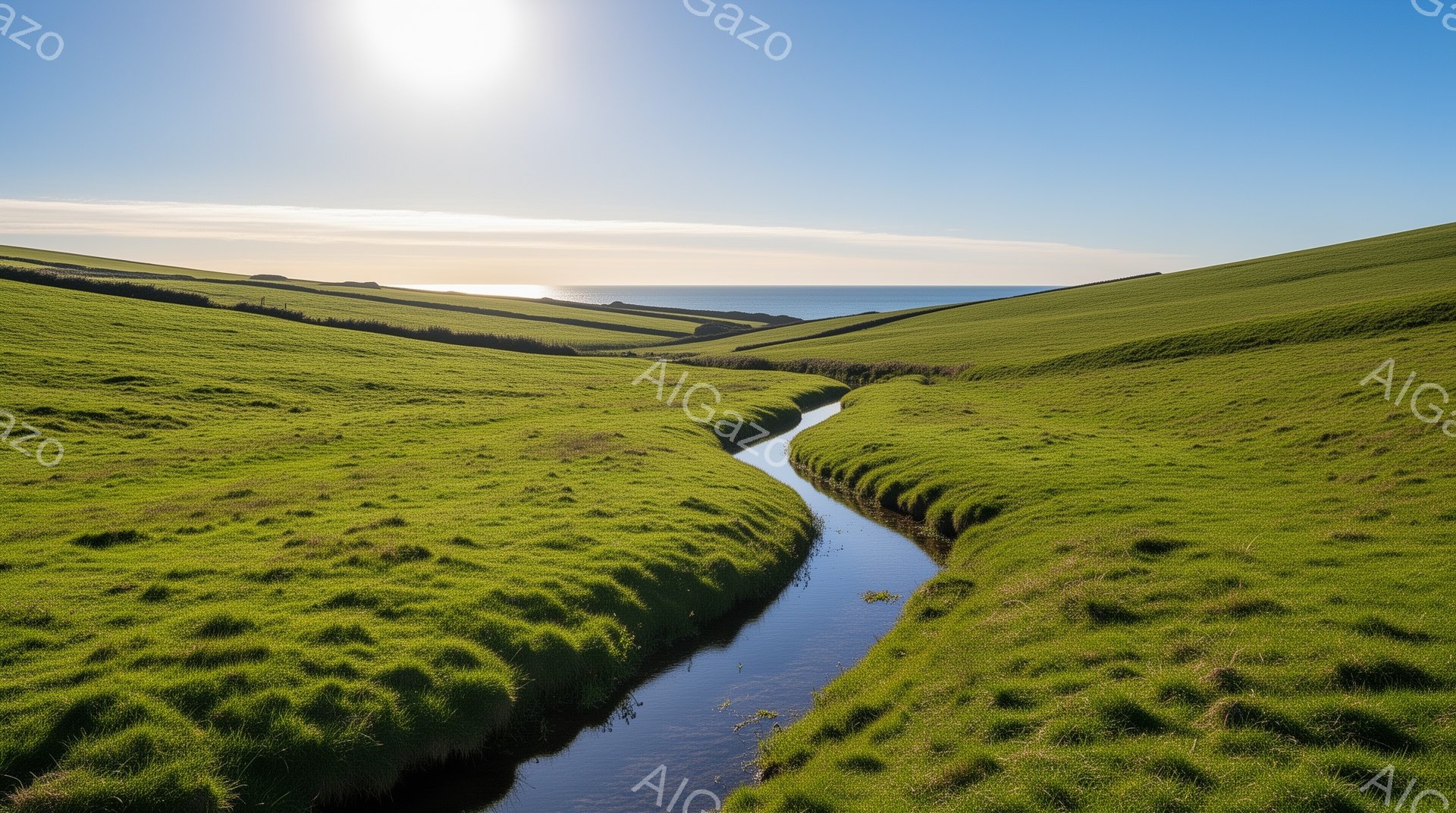 緑豊かな丘陵地帯を蛇行する小川が印象的な風景です。遠くには海が広がり、空は澄んだ青色で、穏やかな日差しが降り注いでいます。全体的に静かで平和な、のどかな田園風景が広がっています。 - AI生成フリー素材