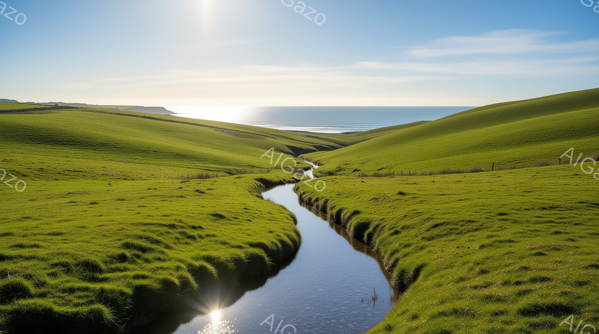 鮮やかな緑色の丘陵地帯を、細い水路が蛇行して流れている風景です。遠くには青い海が広がり、太陽が海面を照らしてキラキラと輝いています。穏やかな日差しと緑のコントラストが、平和で静かな雰囲気を醸し出してい - AI生成フリー素材