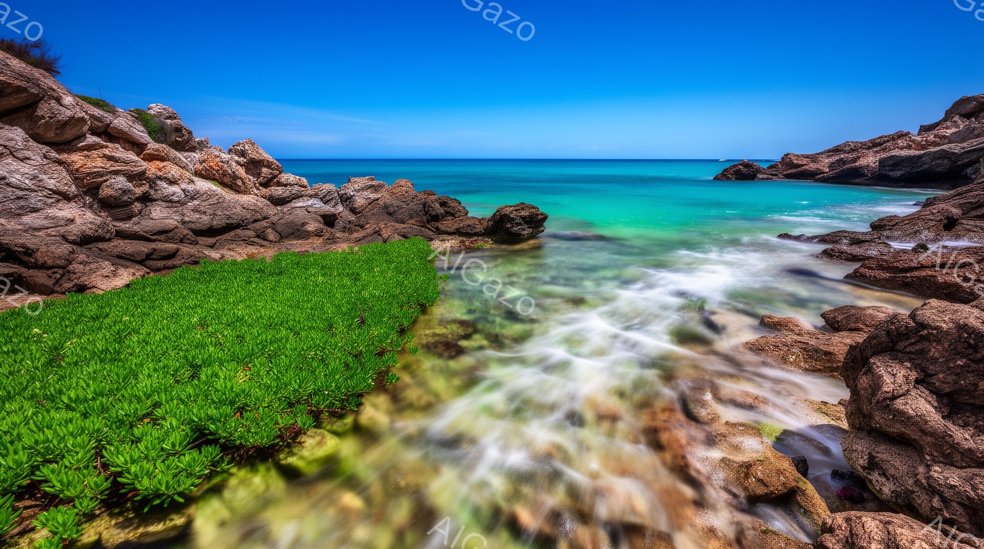 岩と緑が生い茂る海岸線が写っている。ターコイズブルーの海と、岩の間を流れる水の流れが印象的で、澄んだ空気と穏やかな光が感じられる。全体的に自然の美しさと静寂が強調された、リラックスした雰囲気の写真だ。