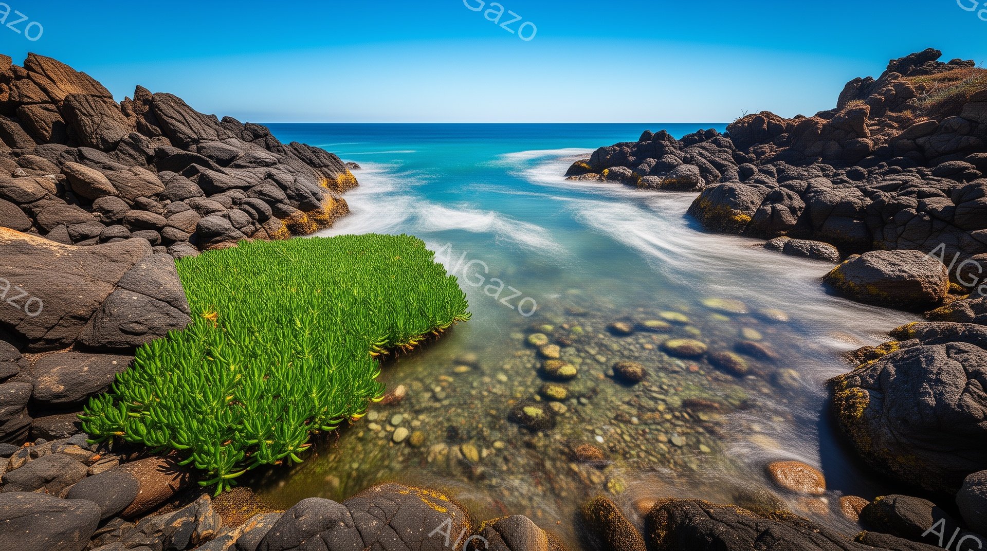 険しい黒い岩場が海へと続く水路を挟み、鮮やかな緑色の植物がその一方に茂っている風景です。海はターコイズブルーで、水面の流れは長時間の露出により滑らかに表現されています。晴天の下、自然の力強さと静寂が感じられる、美しい海岸線の光景です。