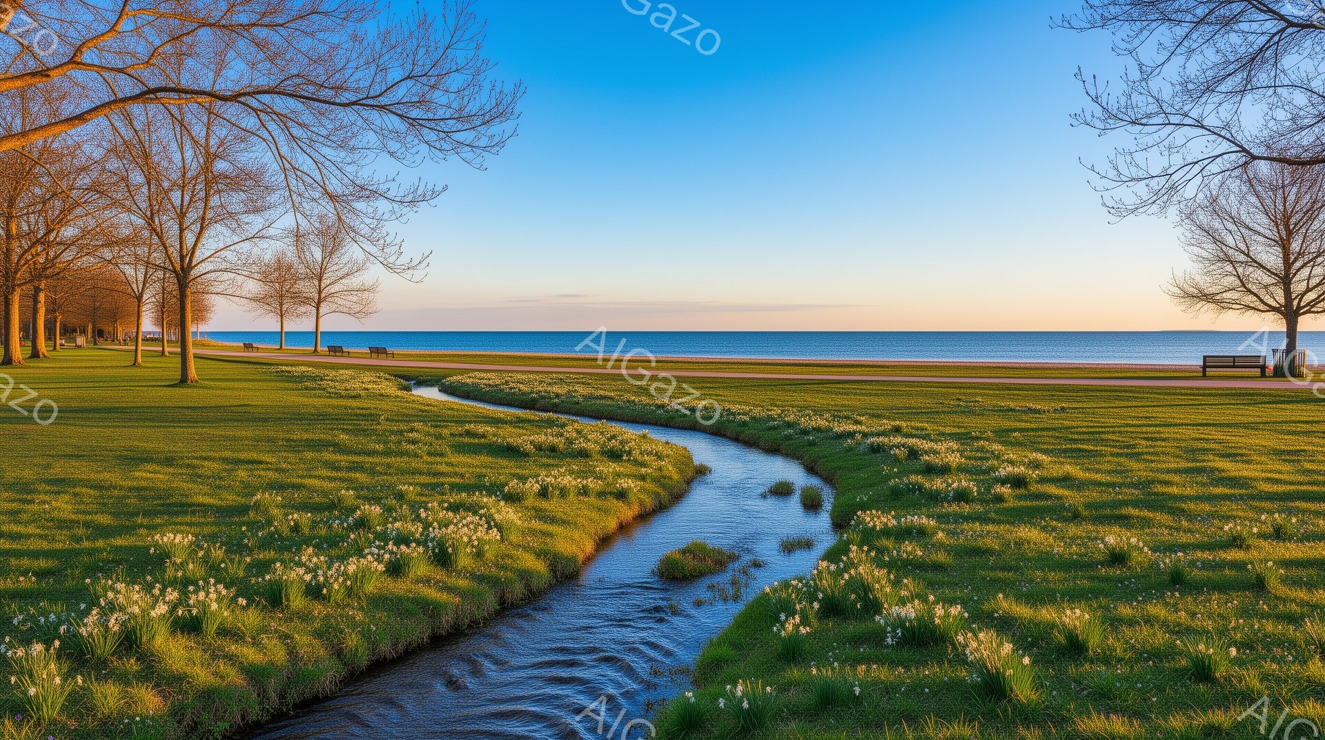 鮮やかな緑の芝生の中に、蛇行する小川が流れており、川岸には白い花が咲き乱れている。背景には穏やかな青い海が広がり、その先にベンチが並んでいる並木道が見える。空は明るく、全体的に穏やかで平和な雰囲気であ - AI生成フリー素材
