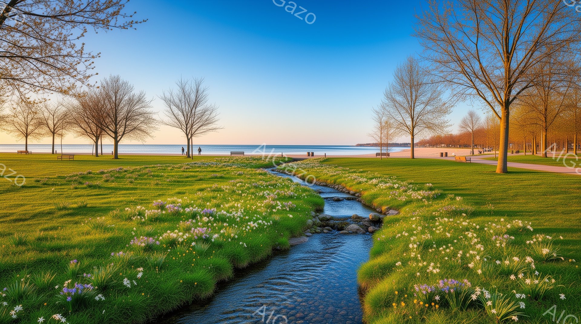 緑豊かな草原の中を小川が流れ、川岸には小さな白い花が咲き乱れている。遠くには穏やかな海が広がり、空は明るい青色で、数本の木々が並んでいる公園の平和な風景だ。数人の人々が海辺を散歩したり、ベンチでくつろ - AI生成フリー素材