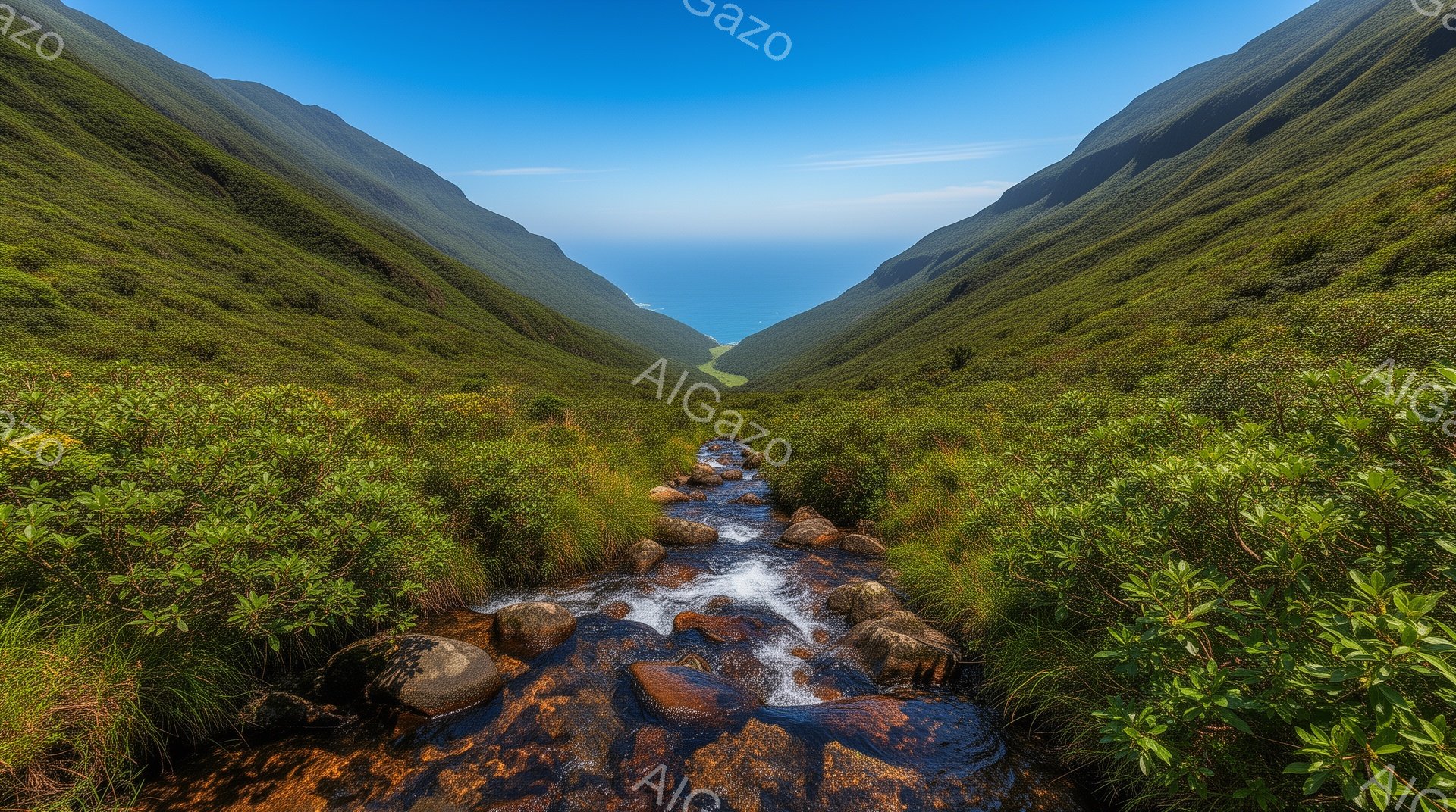 鬱蒼とした緑の崖に挟まれた小川が、青い海に向かって流れている風景です。鮮やかな緑の崖と、白い波が打ち寄せる海のコントラストが印象的で、穏やかさと力強さを感じさせる自然の美しさが際立っています。水面は太陽の光を反射してキラキラと輝き、自然の息吹を感じられる神秘的な光景です。