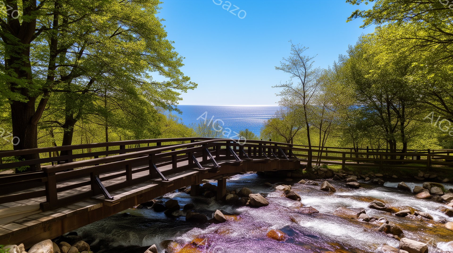 澄んだ青空の下、木製の歩道橋が岩場と流れ込む水の上を優雅に架かっている。橋の周りには緑豊かな木々が生い茂り、遠くには青い湖が広がり、爽やかで平和な雰囲気を醸し出している。水は岩の間を勢いよく流れ、自然 - AI生成フリー素材