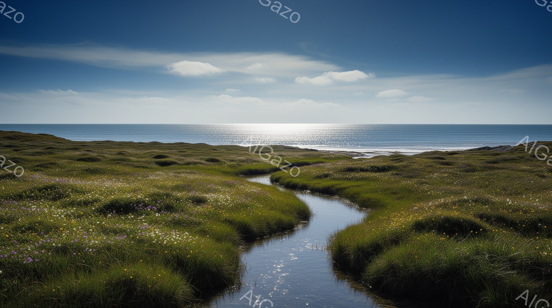 広大な緑の草原が海へと続く風景で、細い水路がその中央を蛇行している。野原には紫や黄色の小さな花々が咲き乱れ、明るい日差しと青い空が穏やかな雰囲気を醸し出している。遠くには海が広がり、太陽の光が水面に反 - AI生成フリー素材