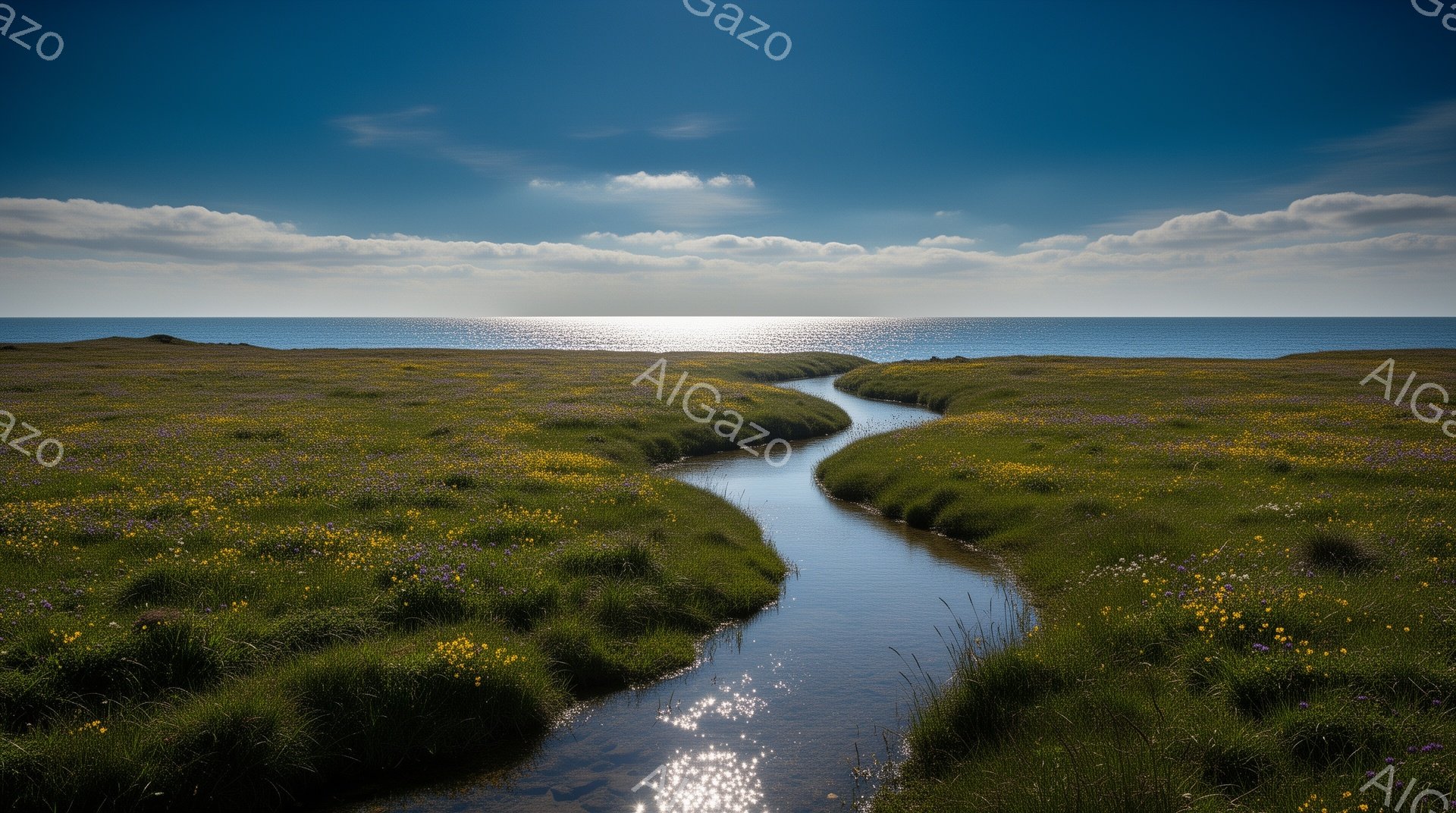 広大な緑の草原が広がり、細い水路が蛇行して海へと繋がっている。水路の両側には黄色や紫の野花が咲き乱れ、穏やかな日差しが水面を照らし、きらきらと輝いている。青い空には白い雲が浮かび、平和で穏やかな雰囲気 - AI生成フリー素材