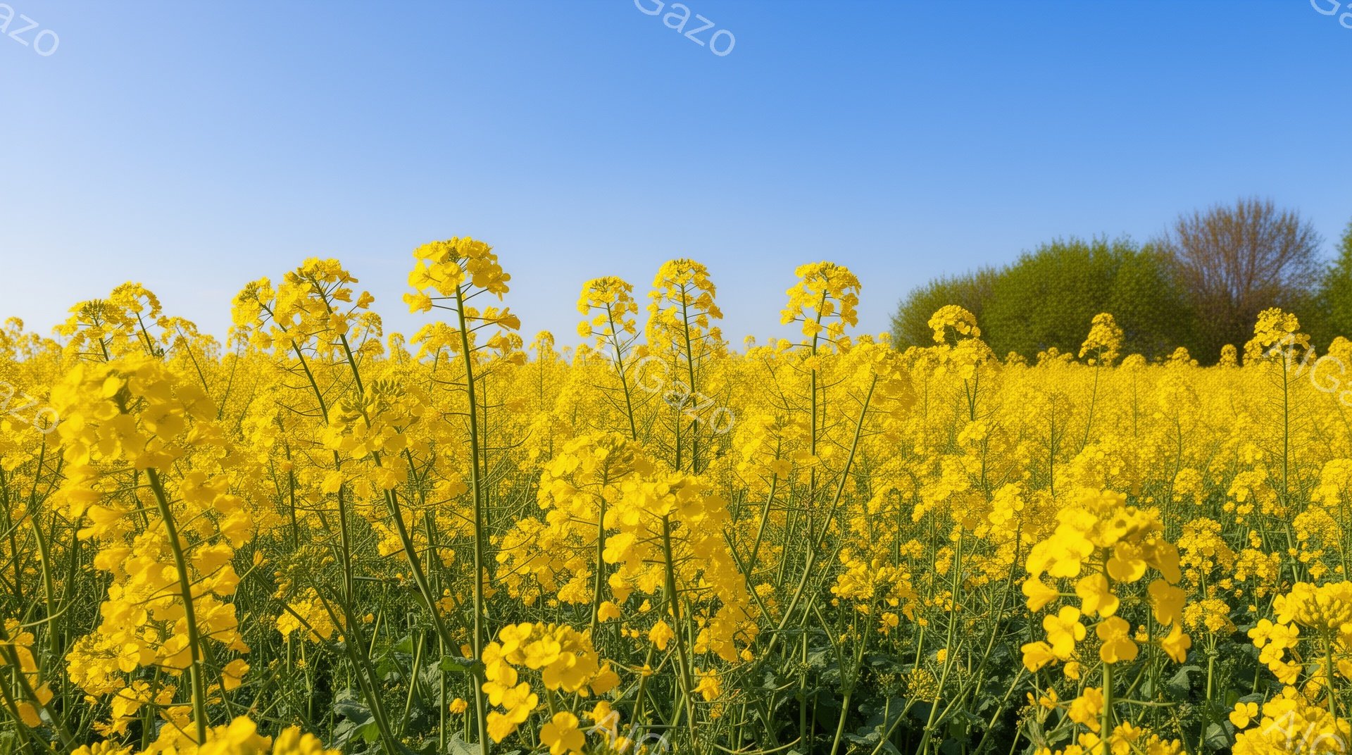 広大な菜の花畑が写っており、鮮やかな黄色い花が密集して咲き乱れている。背景には緑豊かな木々が見え、晴れ渡った青空とのコントラストが美しい。全体的に暖かく、生命力に満ちた雰囲気が漂っている。