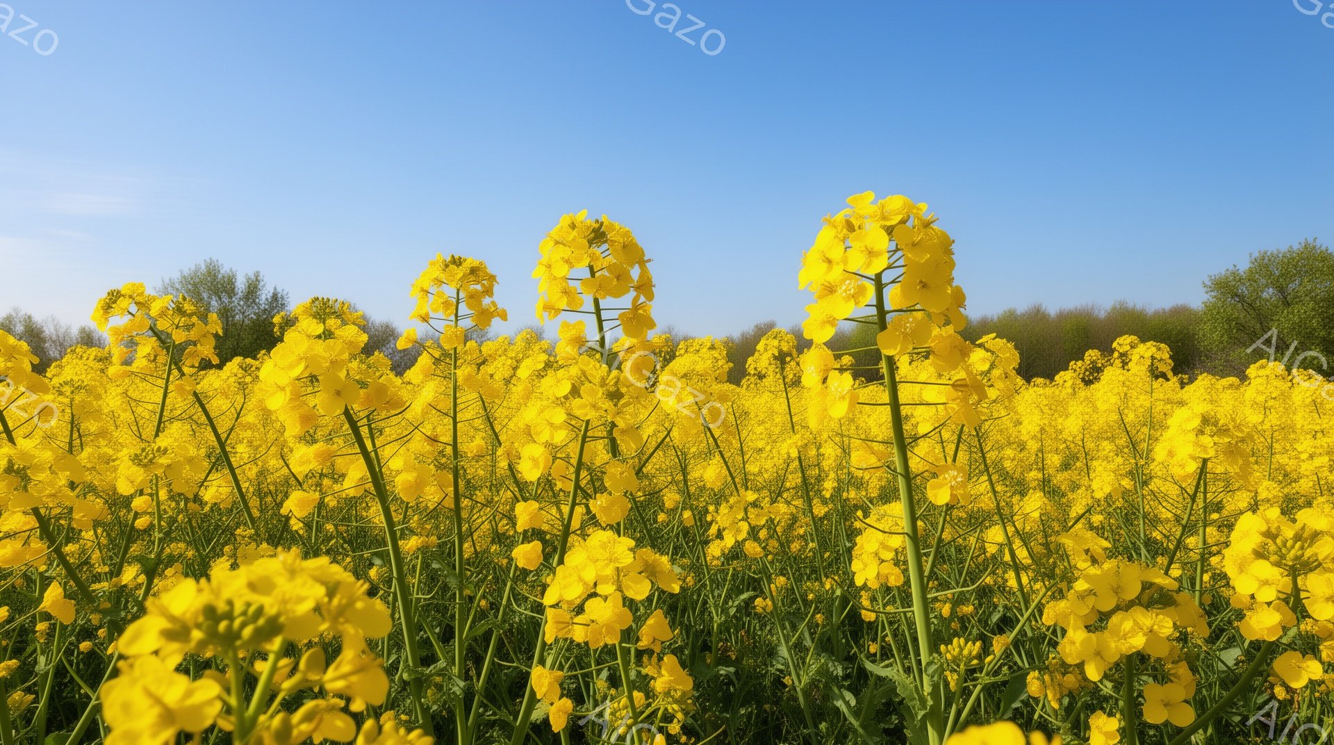 広大な菜の花畑が写っており、鮮やかな黄色い花が密集して咲き誇っています。背景には緑色の木々が見え、空は澄み切った青色で、晴天の穏やかな春の日を思わせます。全体的に明るく希望に満ちた、暖かい雰囲気を感じ - AI生成フリー素材
