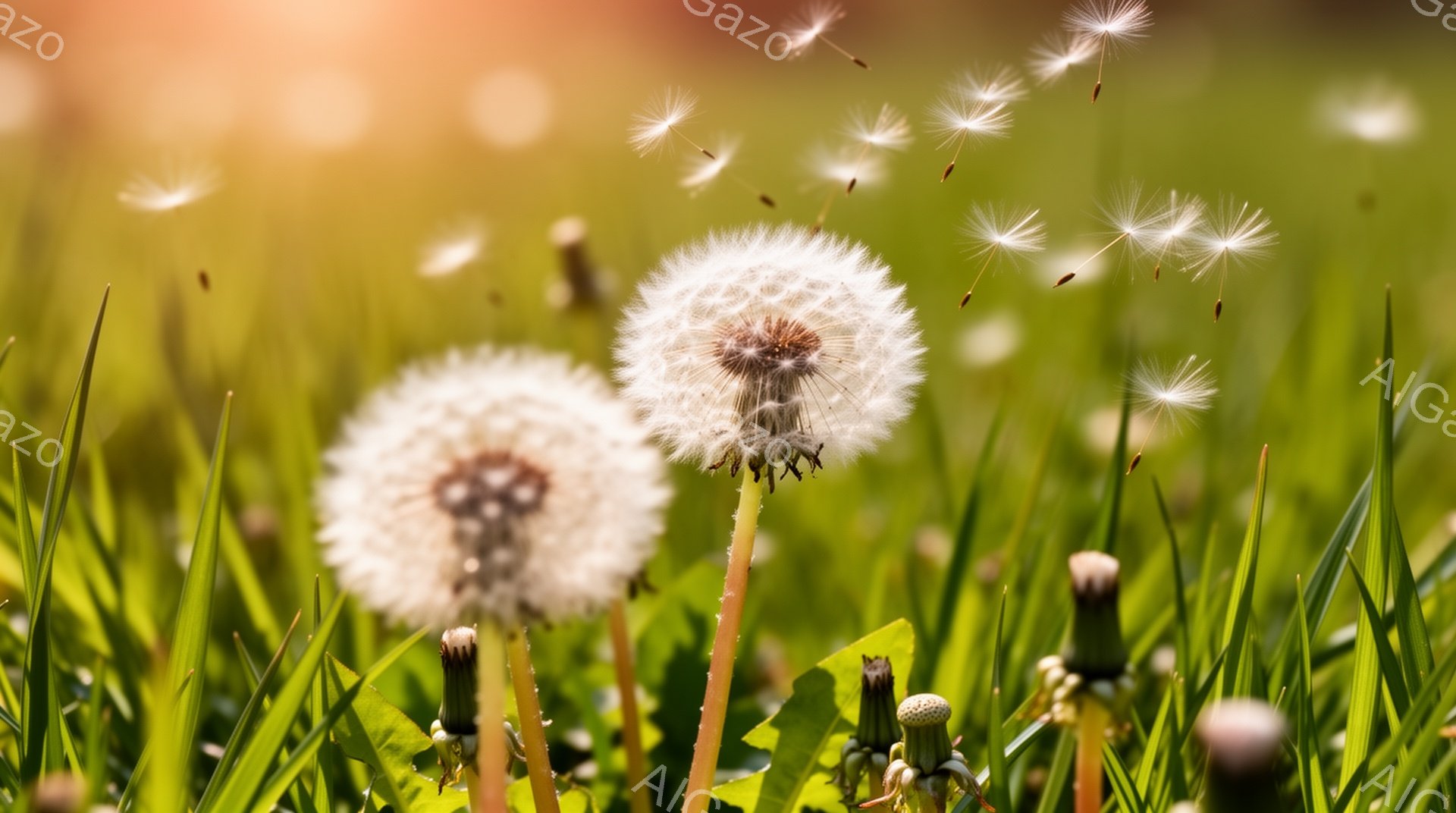 鮮やかな緑の草むらの中に、綿毛になったタンポポが咲き乱れている様子が捉えられています。タンポポの種子が風に舞い、光の中でキラキラと輝いており、穏やかで優しい雰囲気を醸し出しています。背景にはぼんやりと - AI生成フリー素材