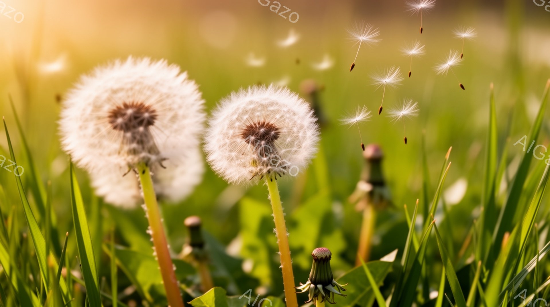 広々とした緑の草原にタンポポが咲き誇り、綿毛が風に舞っている様子が捉えられています。暖かな日差しが差し込み、背景はぼやけて春の穏やかな雰囲気を醸し出しています。タンポポは、咲き終わったものと蕾のものがあり、生命のサイクルを感じさせます。