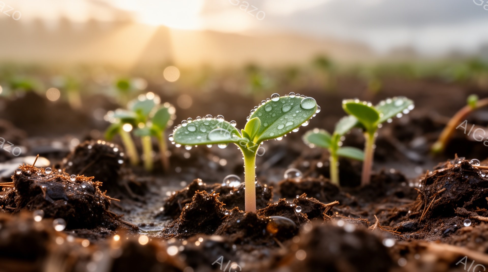 湿った土の中から、新芽が力強く顔を出している様子が捉えられています。葉には水滴が輝き、朝日が差し込む中で生命の息吹を感じさせます。背景はぼやけており、新芽が際立つ構図となっています。 - AI生成フリー素材