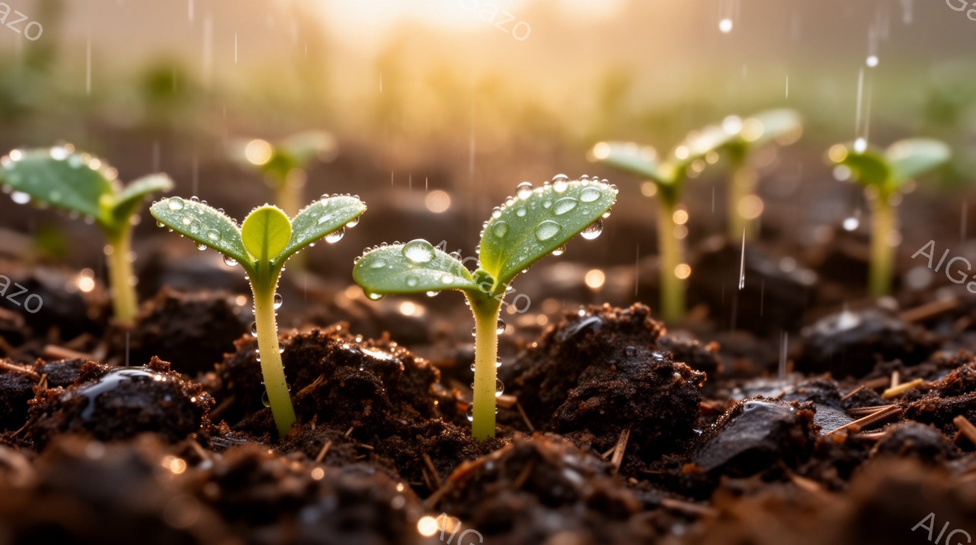 湿った土の中から、新しく芽が出た植物がいくつか見られます。葉には雨粒が光り、太陽の光が差し込む背景が、生命の力強さと希望を感じさせます。土の茶色と若葉の緑色のコントラストが鮮やかで、春の訪れを象徴する - AI生成フリー素材